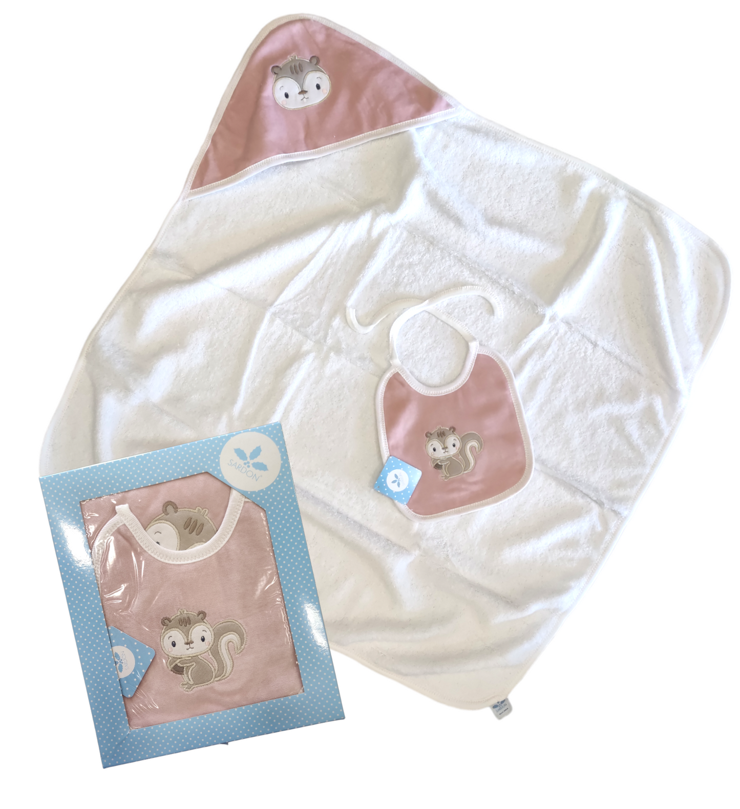 Set Accappatoio a Triangolo e Bavaglino Rosa Antico con Ricamo Scoiattolo Neonata Sardon