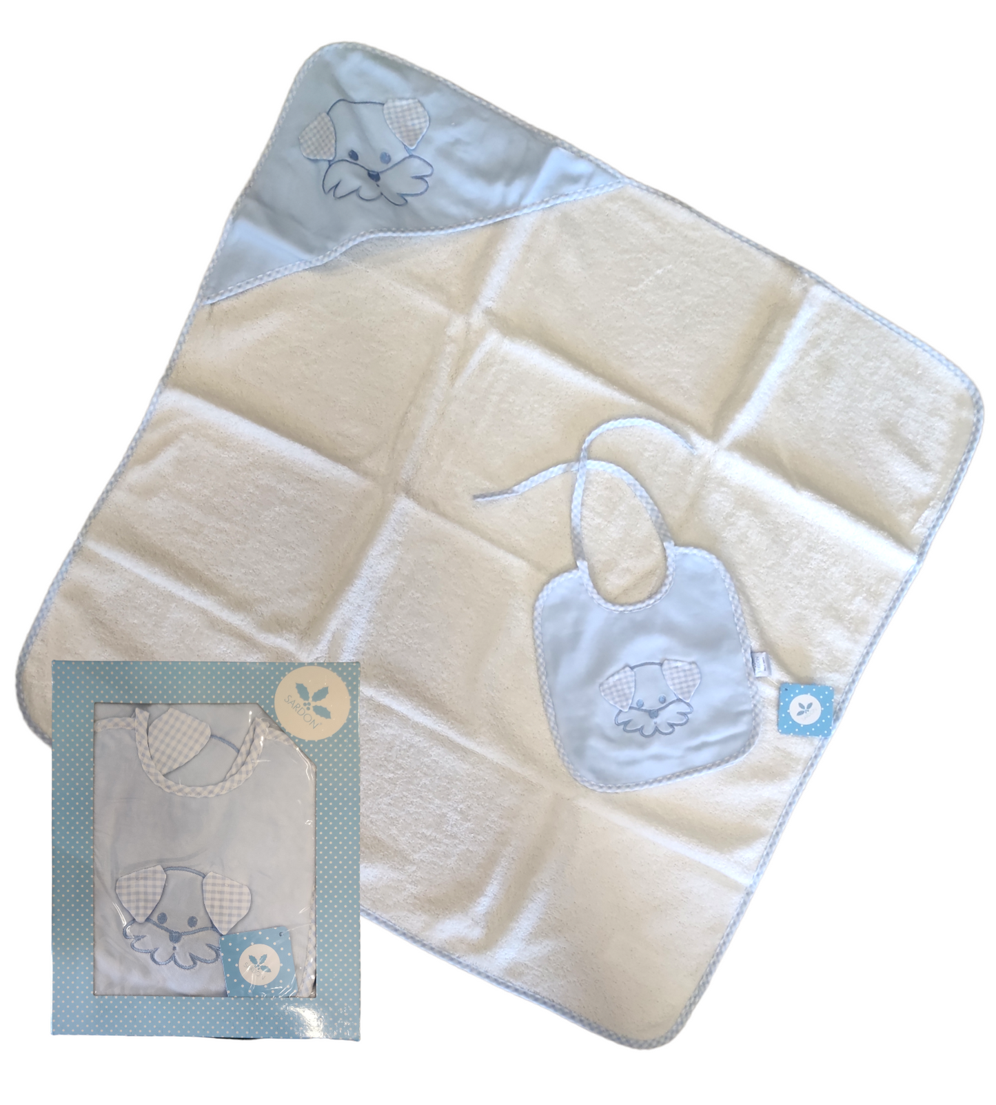 Set Accappatoio a Triangolo e Bavaglino Celeste con Ricamo Cagnolino Neonato Sardon