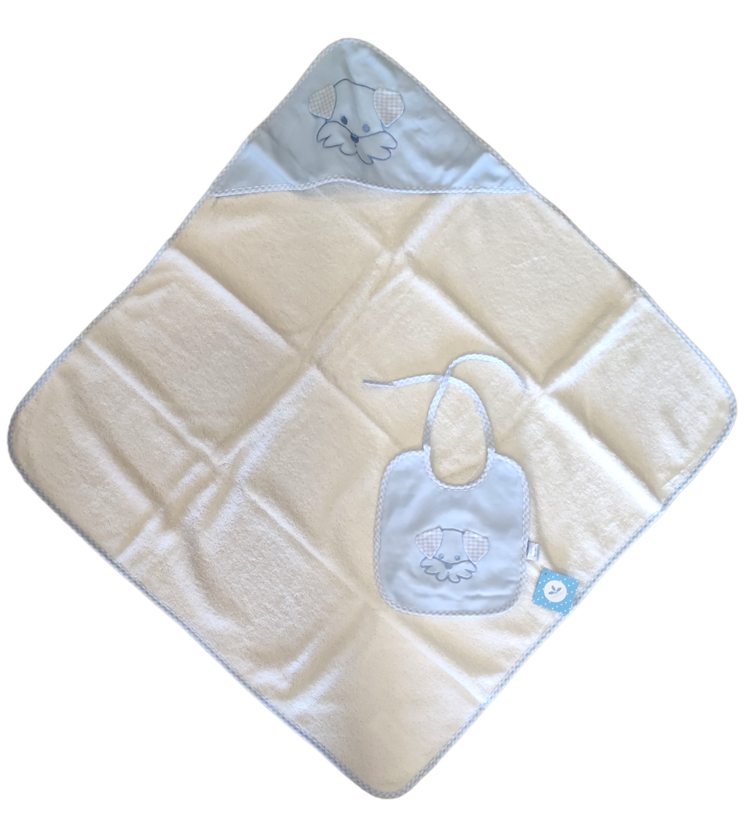 Set Accappatoio a Triangolo e Bavaglino Celeste con Ricamo Cagnolino Neonato Sardon