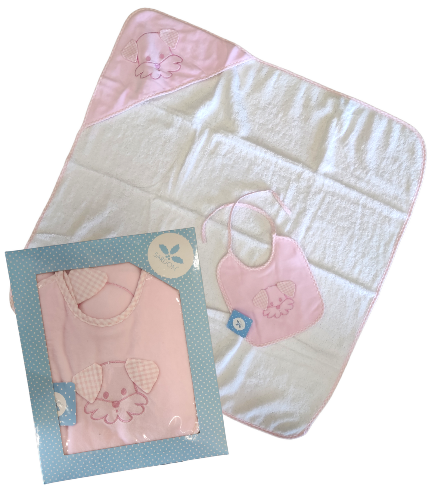 Set Accappatoio a Triangolo e Bavaglino Rosa con Ricamo Cagnolino Neonata Sardon