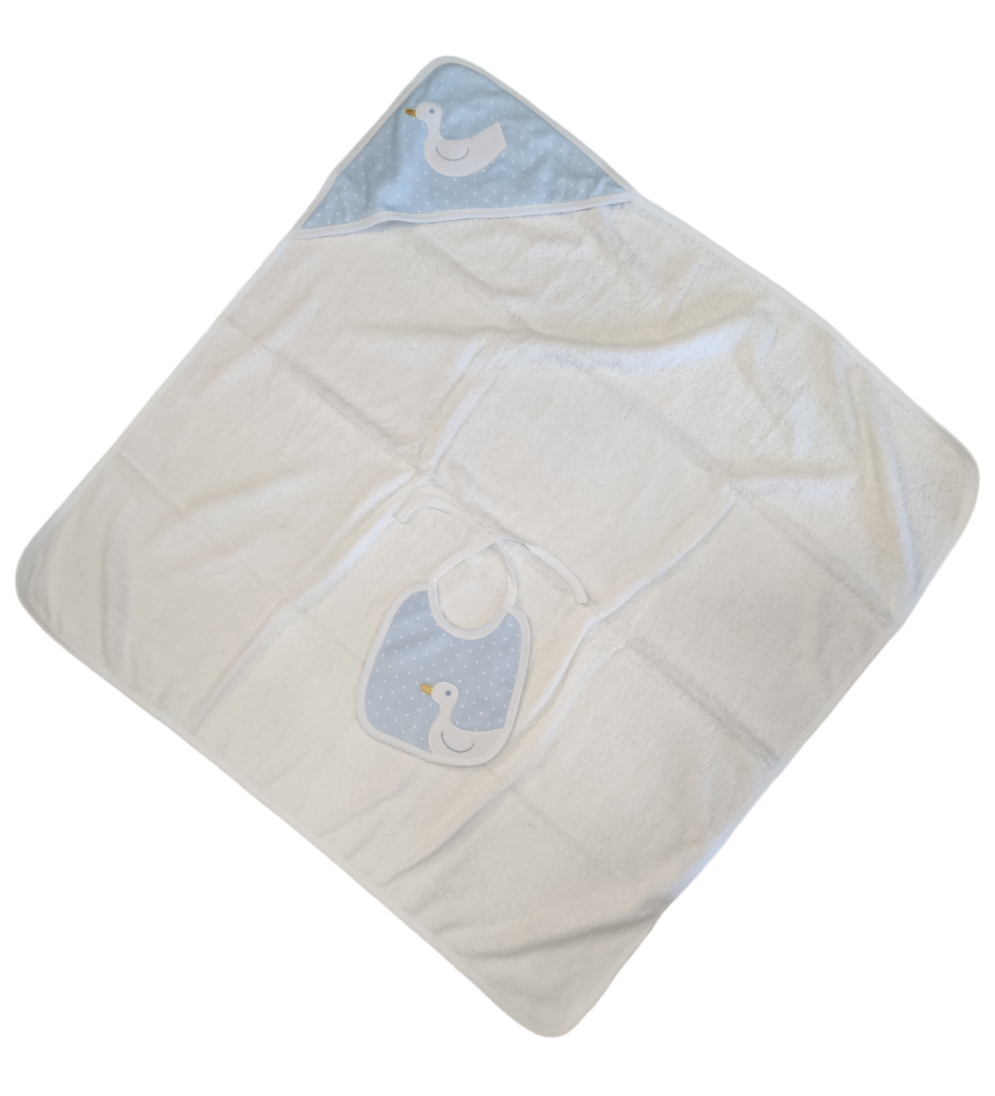 Set Accappatoio a Triangolo e Bavaglino Celeste con Ricamo Oca Neonato Sardon