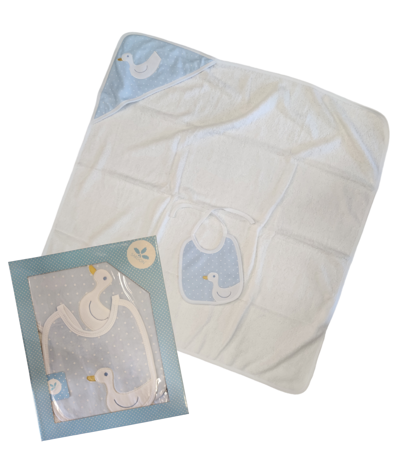 Set Accappatoio a Triangolo e Bavaglino Celeste con Ricamo Oca Neonato Sardon