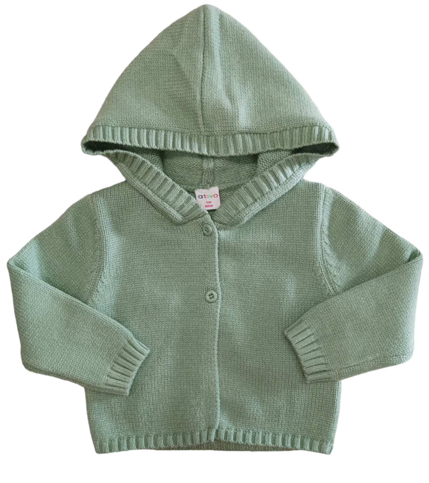 Cardigan in Maglia con Bottoni e Cappuccio Verde Pastello Ativo Kids Bambina 6-36 Mesi