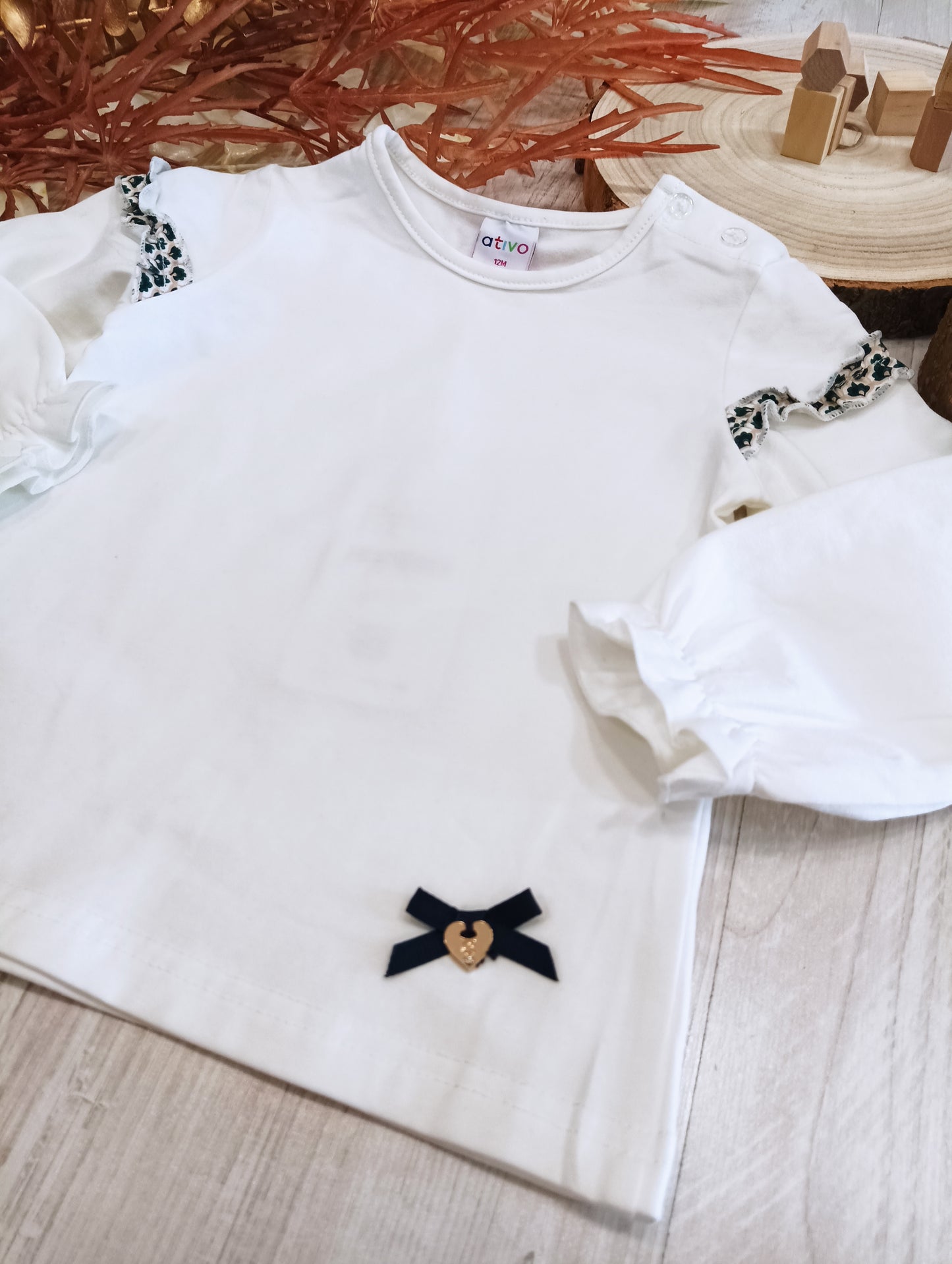 T-Shirt Felpata in Cotone Ruche Fantasia Geometrica sulle Maniche Ativo Kids Bambina 12-36 Mesi