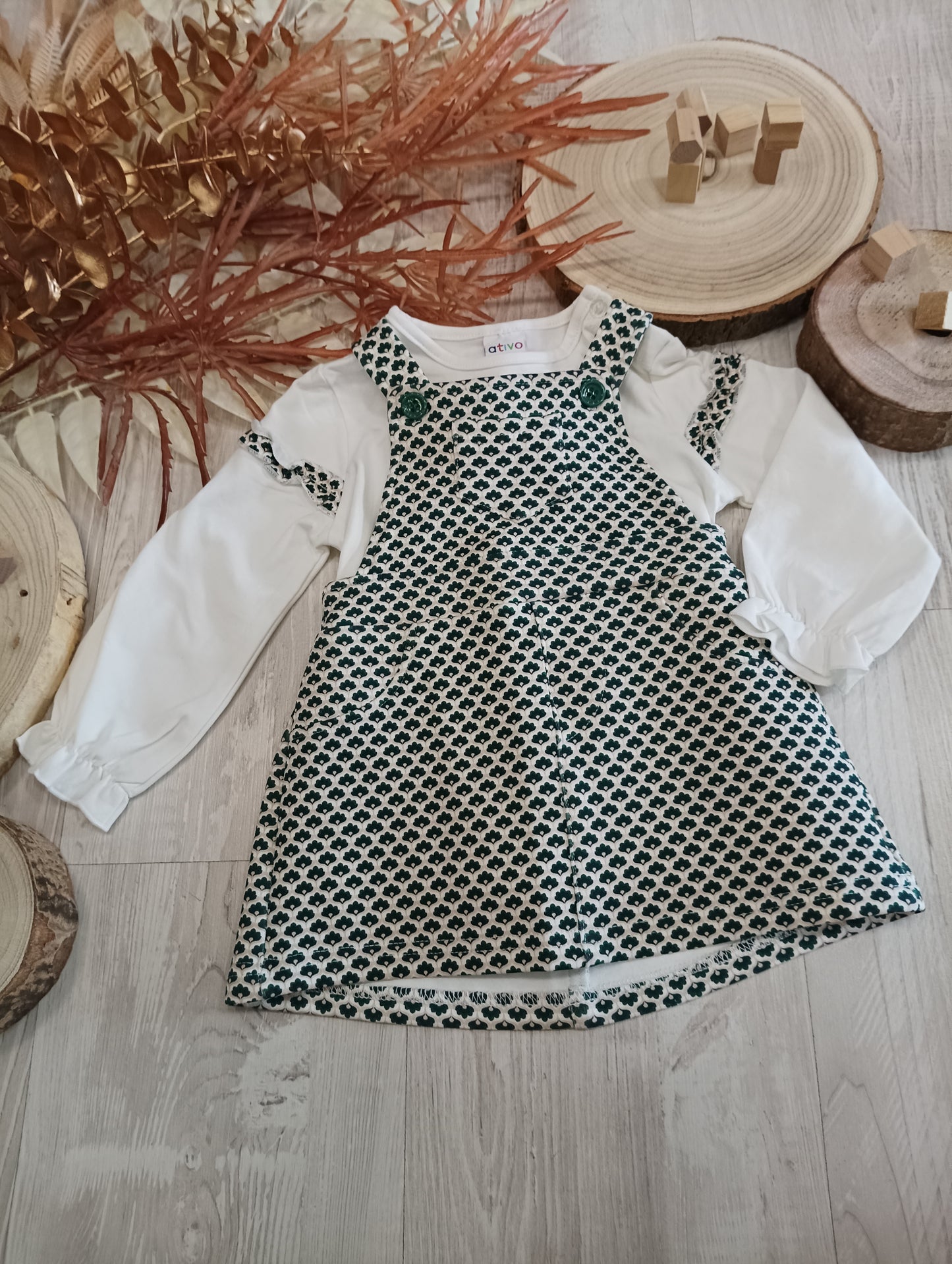 T-Shirt Felpata in Cotone Ruche Fantasia Geometrica sulle Maniche Ativo Kids Bambina 12-36 Mesi