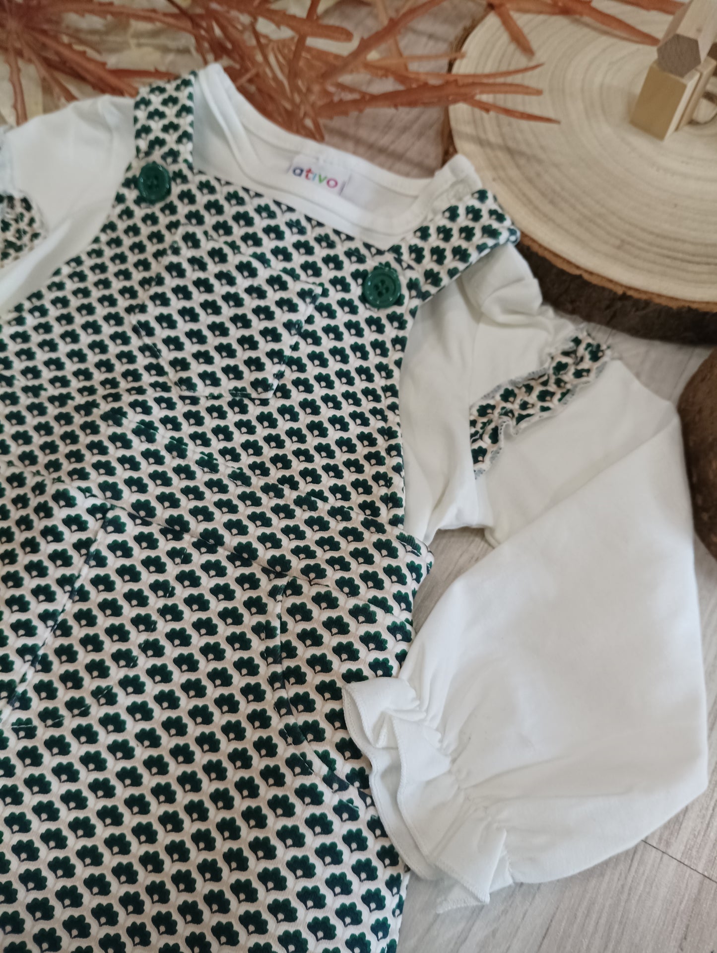 T-Shirt Felpata in Cotone Ruche Fantasia Geometrica sulle Maniche Ativo Kids Bambina 12-36 Mesi