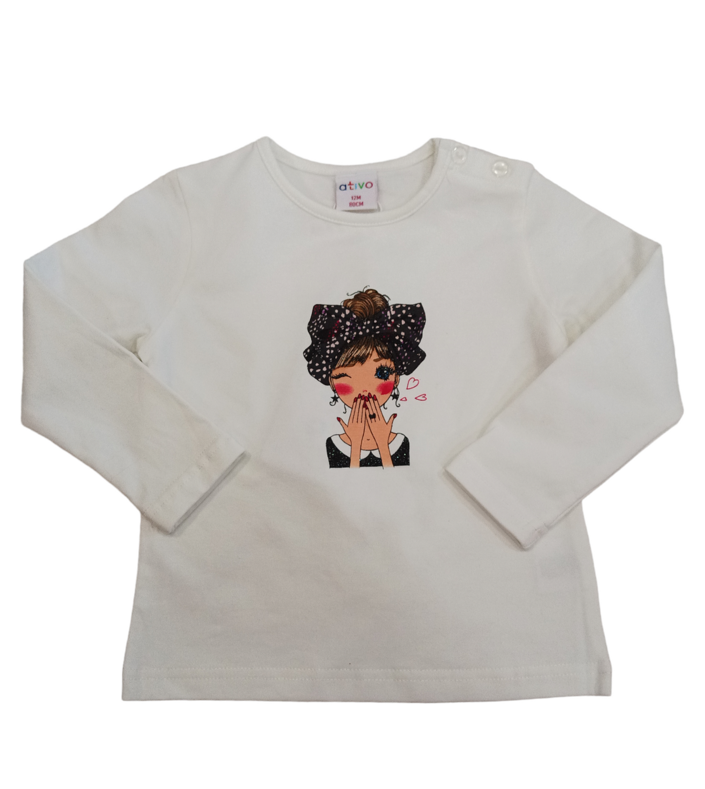 T-Shirt Bianca Felpata Manica Lunga con Stampa Girl Ativo Kids Bambina 12-36 Mesi