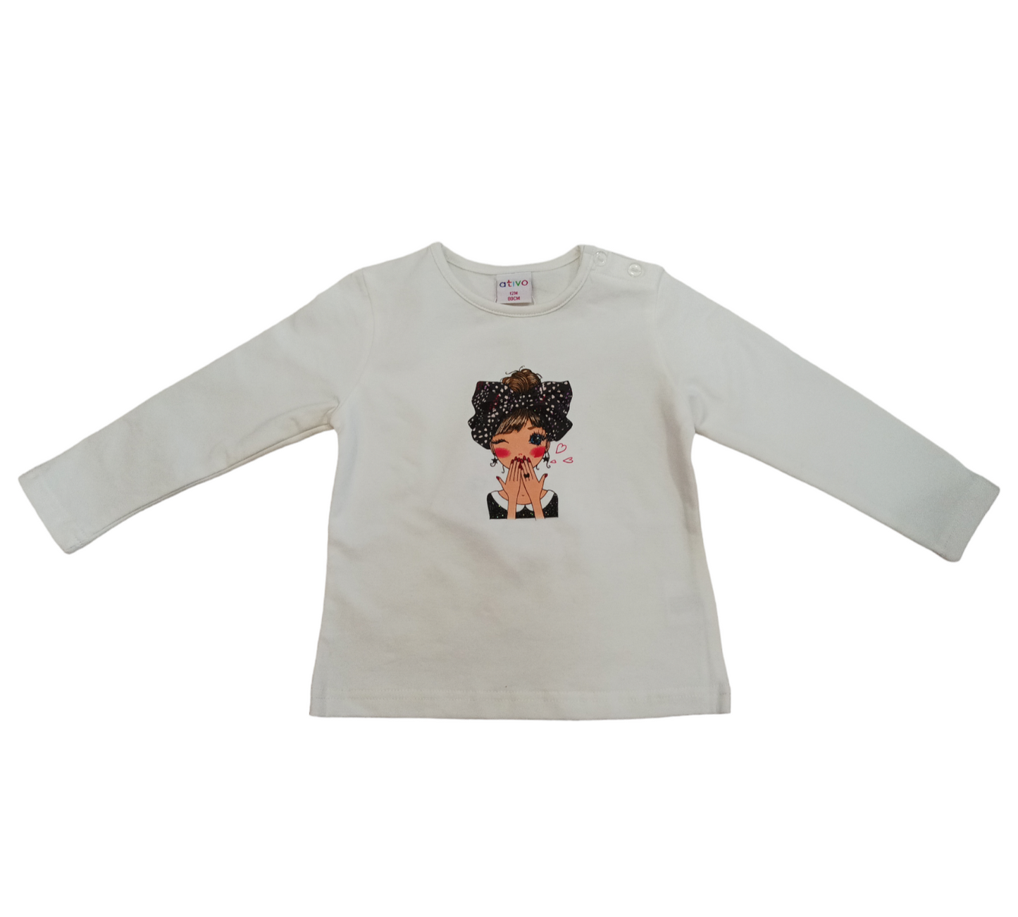 T-Shirt Bianca Felpata Manica Lunga con Stampa Girl Ativo Kids Bambina 12-36 Mesi