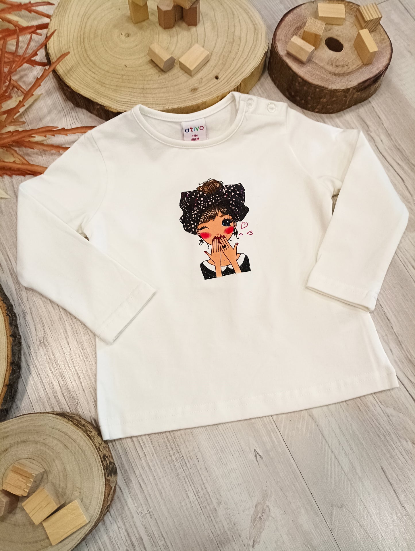 T-Shirt Bianca Felpata Manica Lunga con Stampa Girl Ativo Kids Bambina 12-36 Mesi