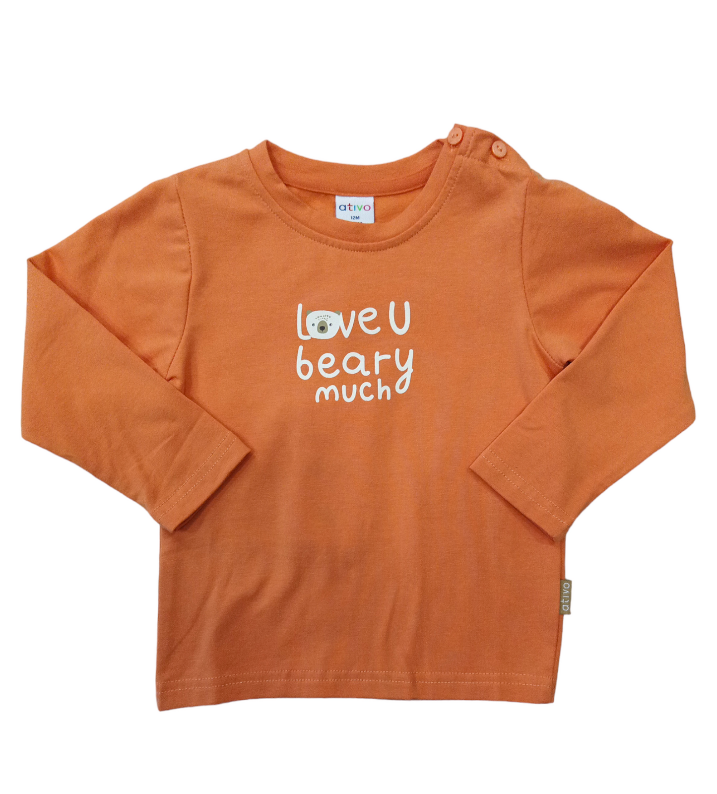 T-Shirt Arancione Felpata Scritta Love You Beary Much Stampata Ativo Kids Bambino 6-36 Mesi