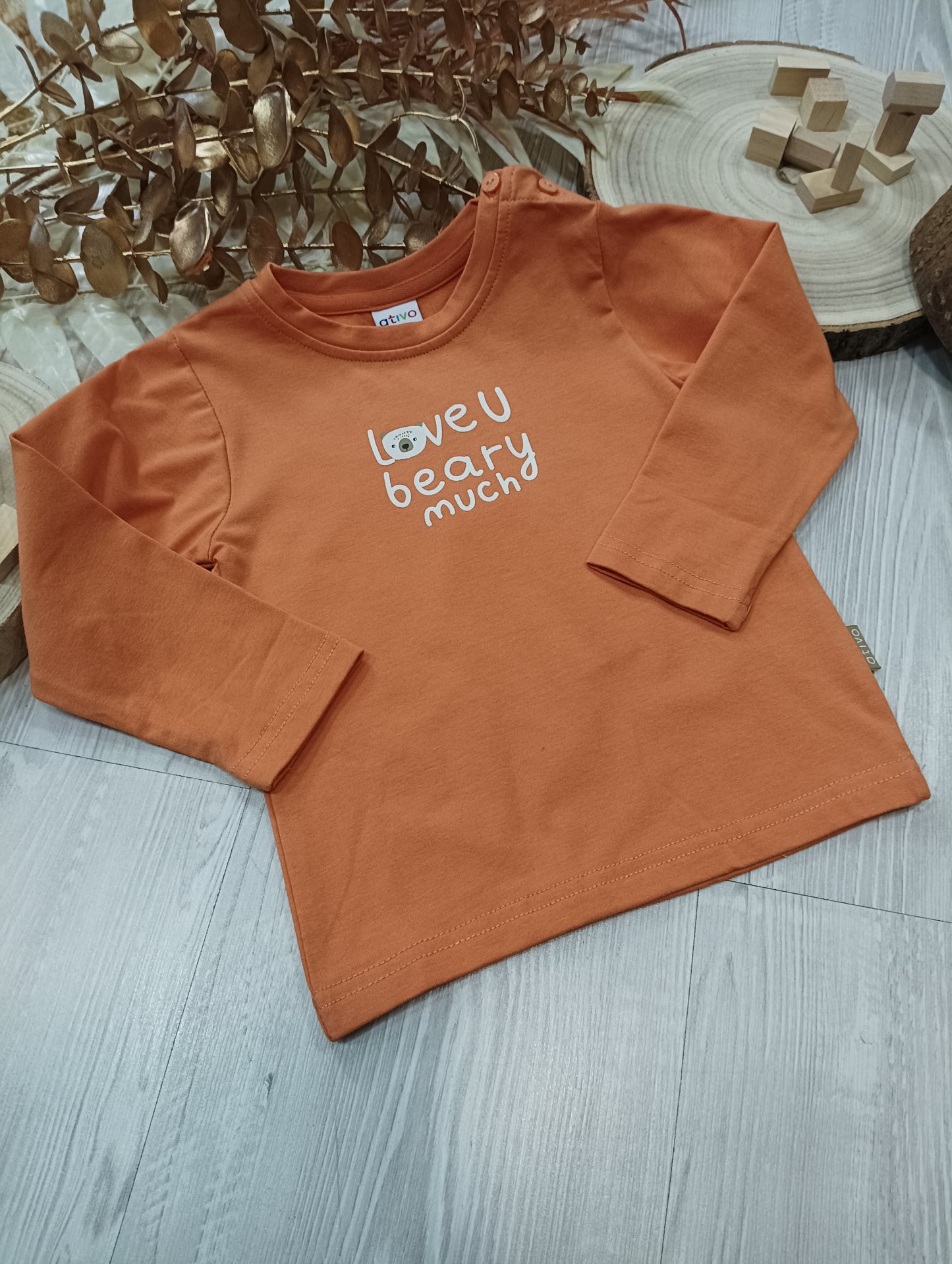 T-Shirt Arancione Felpata Scritta Love You Beary Much Stampata Ativo Kids Bambino 6-36 Mesi