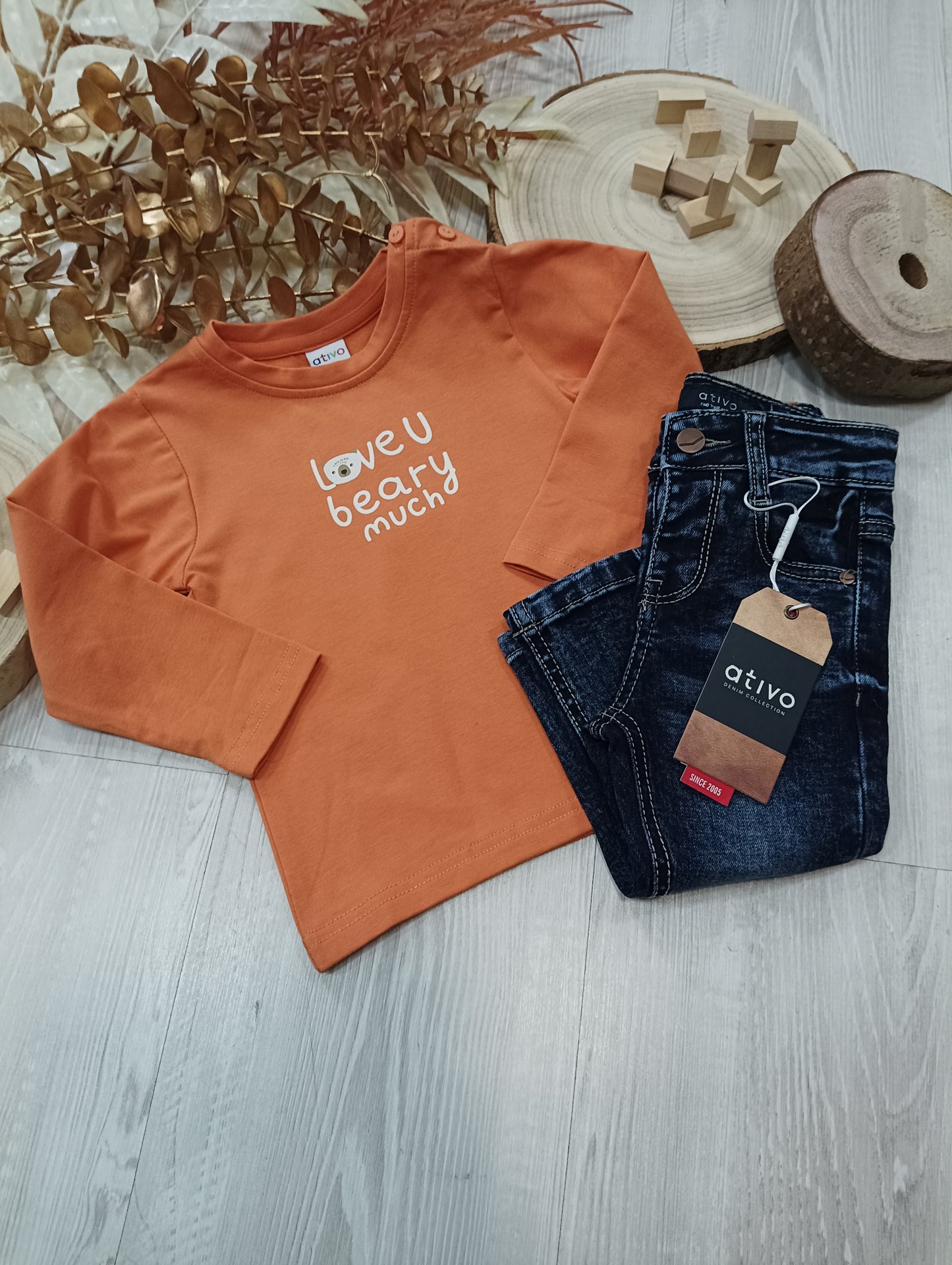 T-Shirt Arancione Felpata Scritta Love You Beary Much Stampata Ativo Kids Bambino 6-36 Mesi