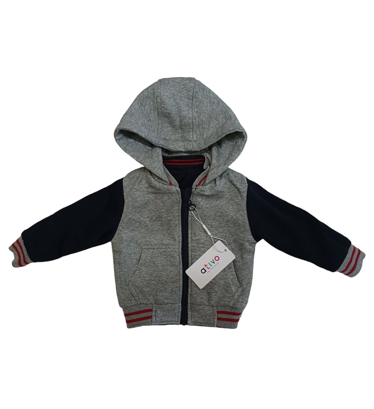 Giubbino Blu Impermeabile con Cappuccio Grigio in Tessuto Felpa Interno Felpa Reversibile Ativo Kids Bambino 12-36 Mesi