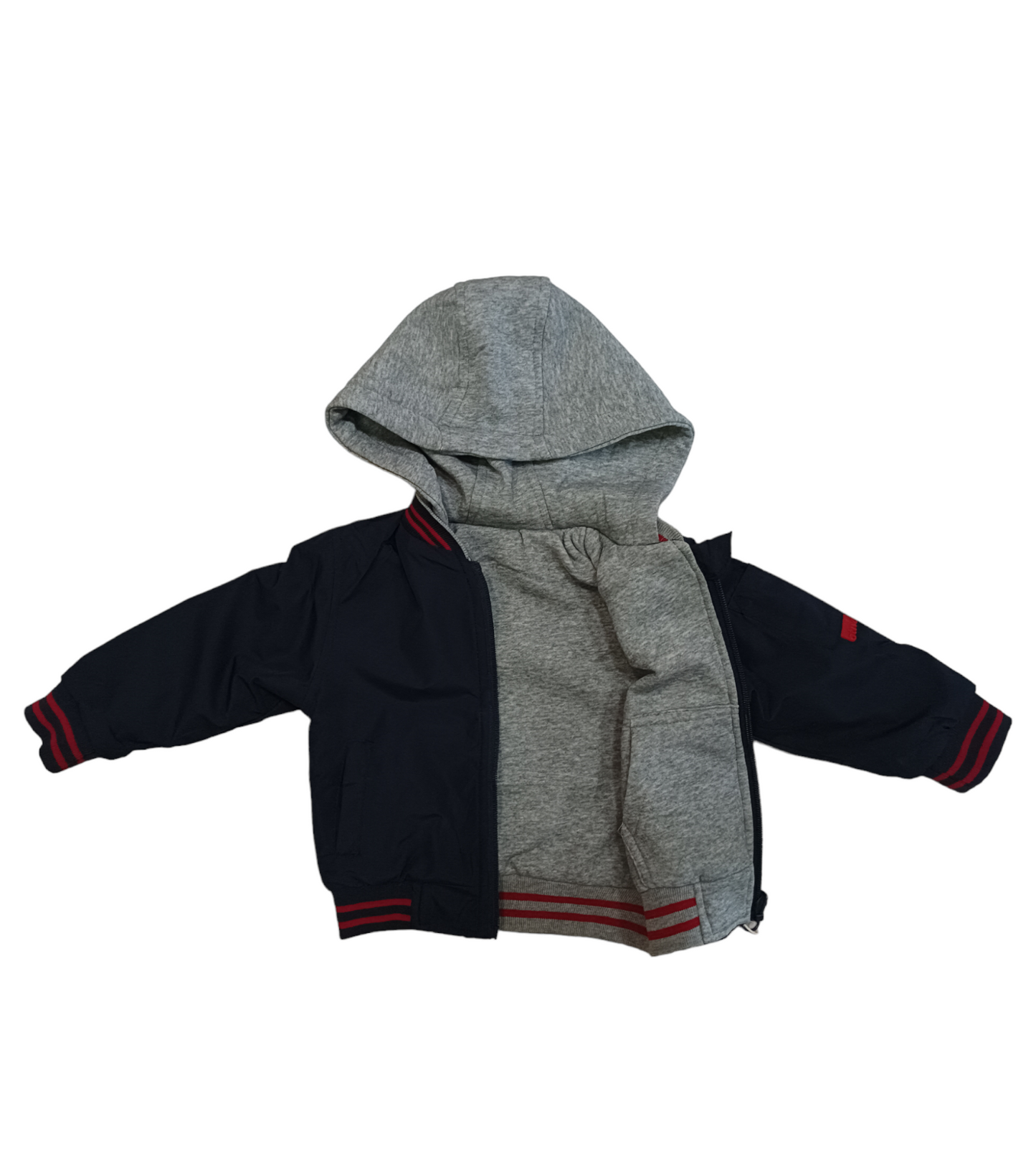 Giubbino Blu Impermeabile con Cappuccio Grigio in Tessuto Felpa Interno Felpa Reversibile Ativo Kids Bambino 12-36 Mesi