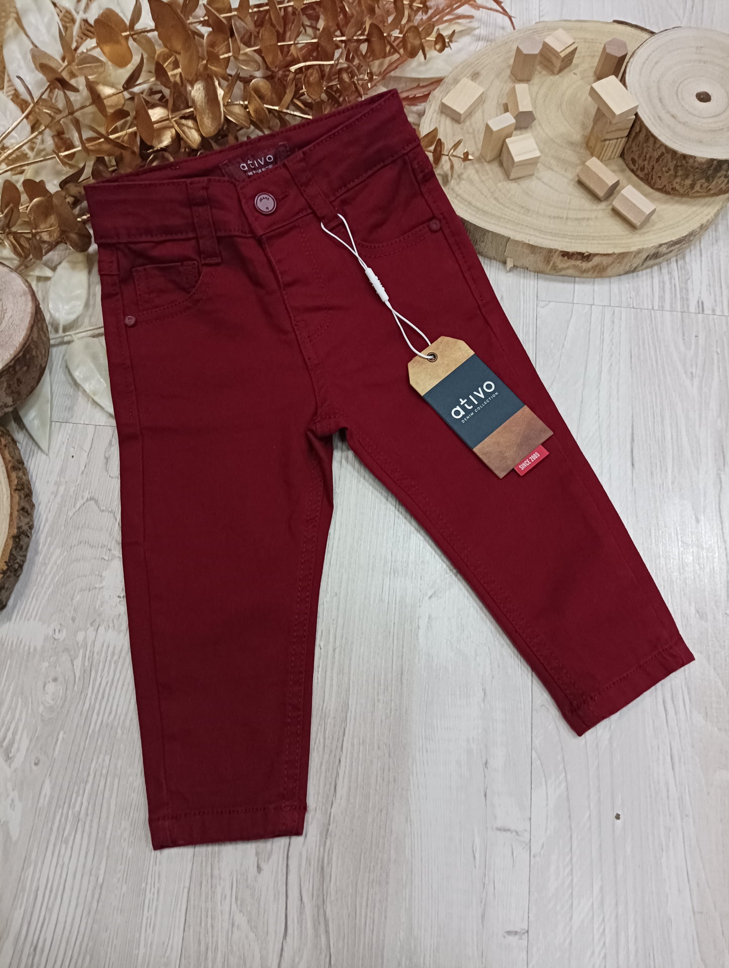 Pantalone in Jersey di Caldo Cotone Color Bordeaux Cinque Tasche Ativo Kids Bambino 6-36 Mesi