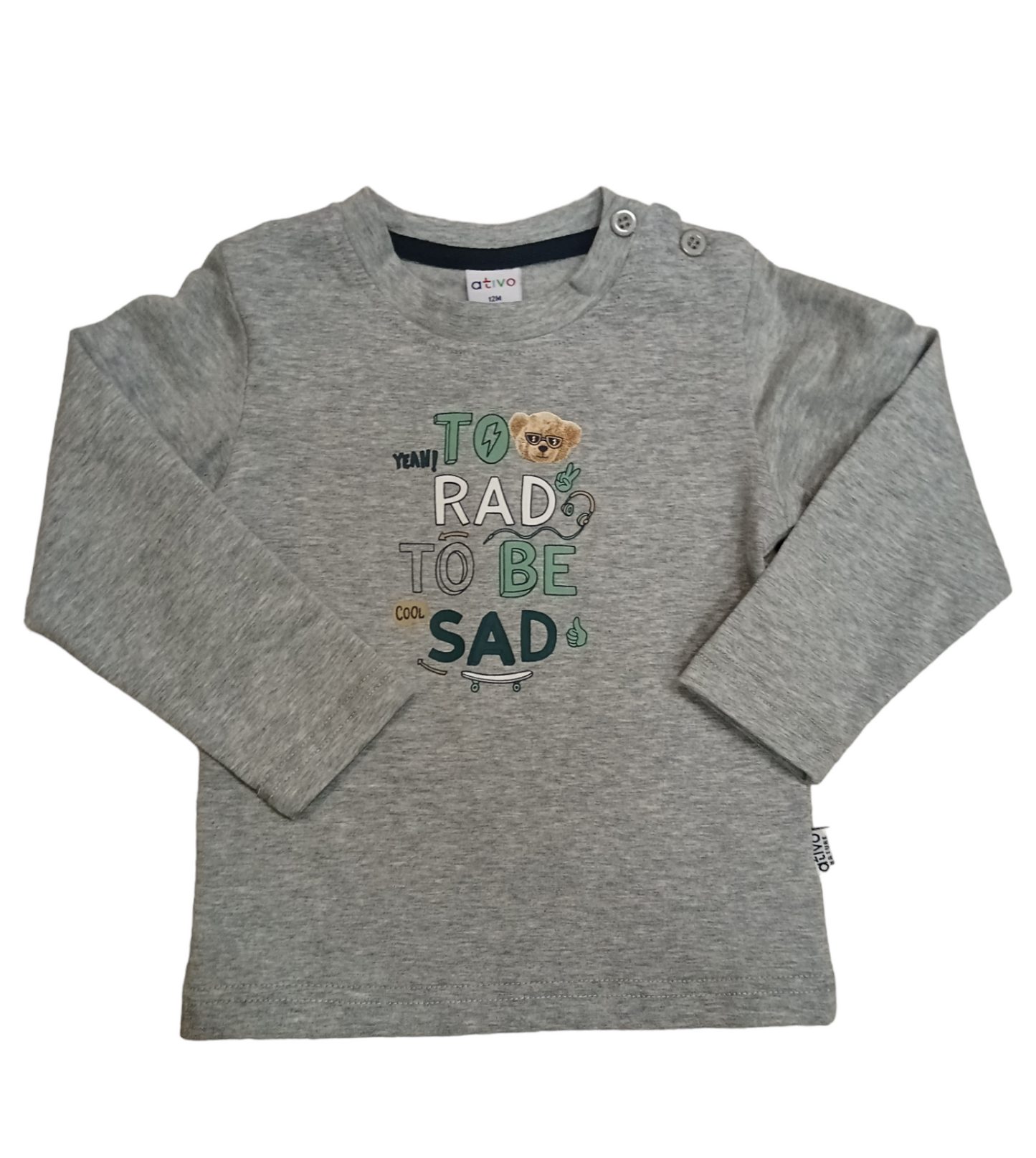 T-Shirt in Jersey di Caldo Cotone Colore Grigia con Stampa Skateboard Ativo Kids Bambino 6-36 Mesi