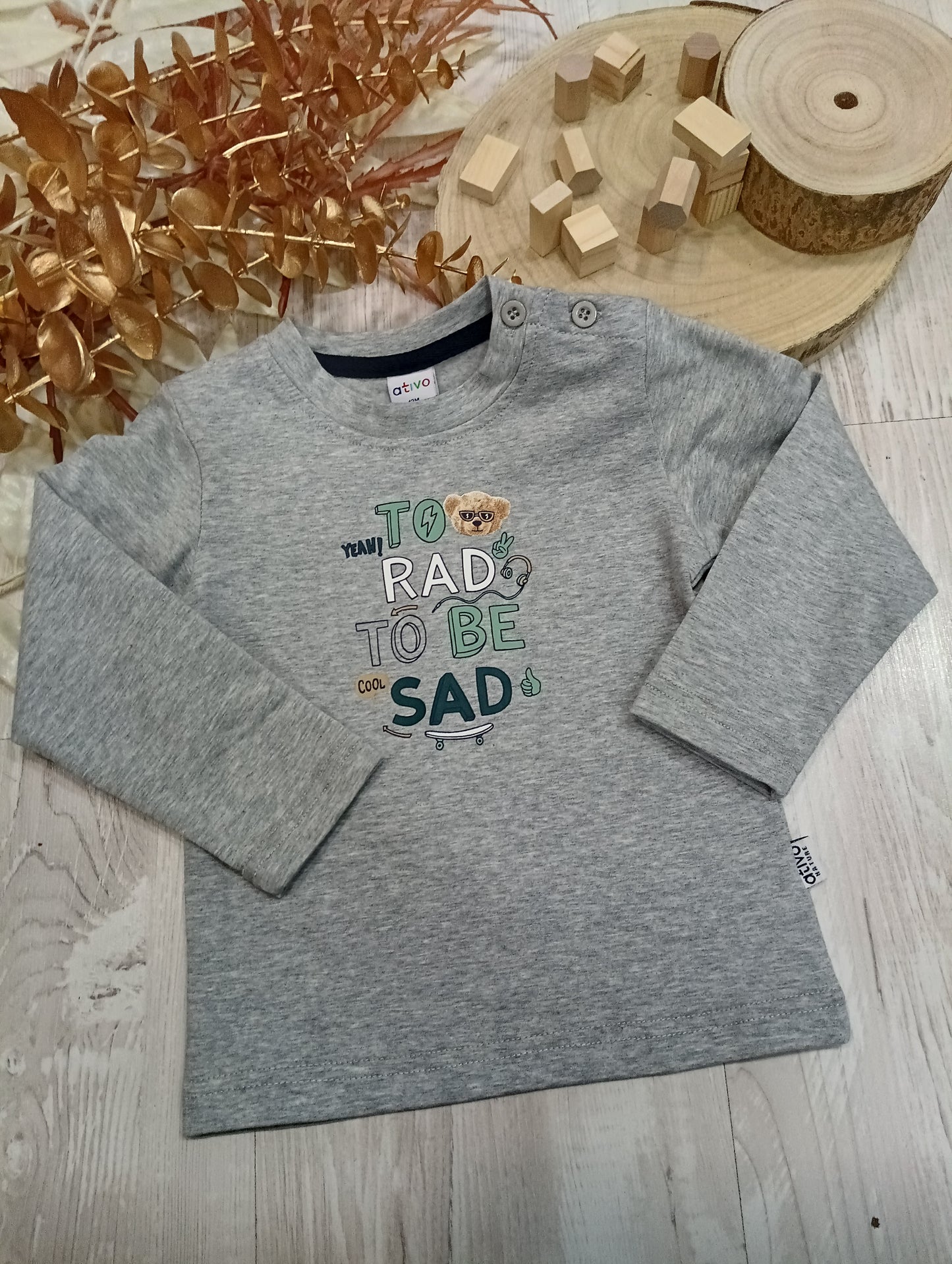 T-Shirt in Jersey di Caldo Cotone Colore Grigia con Stampa Skateboard Ativo Kids Bambino 6-36 Mesi