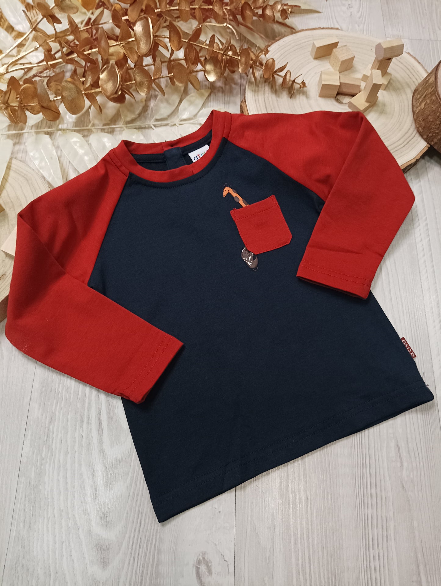 T-Shirt in Jersey di Caldo Cotone Bicolore Ruggine e Blu con Taschino e Stampa in Rilievo Ativo Kids Bambino 12-36 Mesi