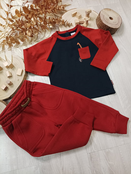 T-Shirt in Jersey di Caldo Cotone Bicolore Ruggine e Blu con Taschino e Stampa in Rilievo Ativo Kids Bambino 12-36 Mesi