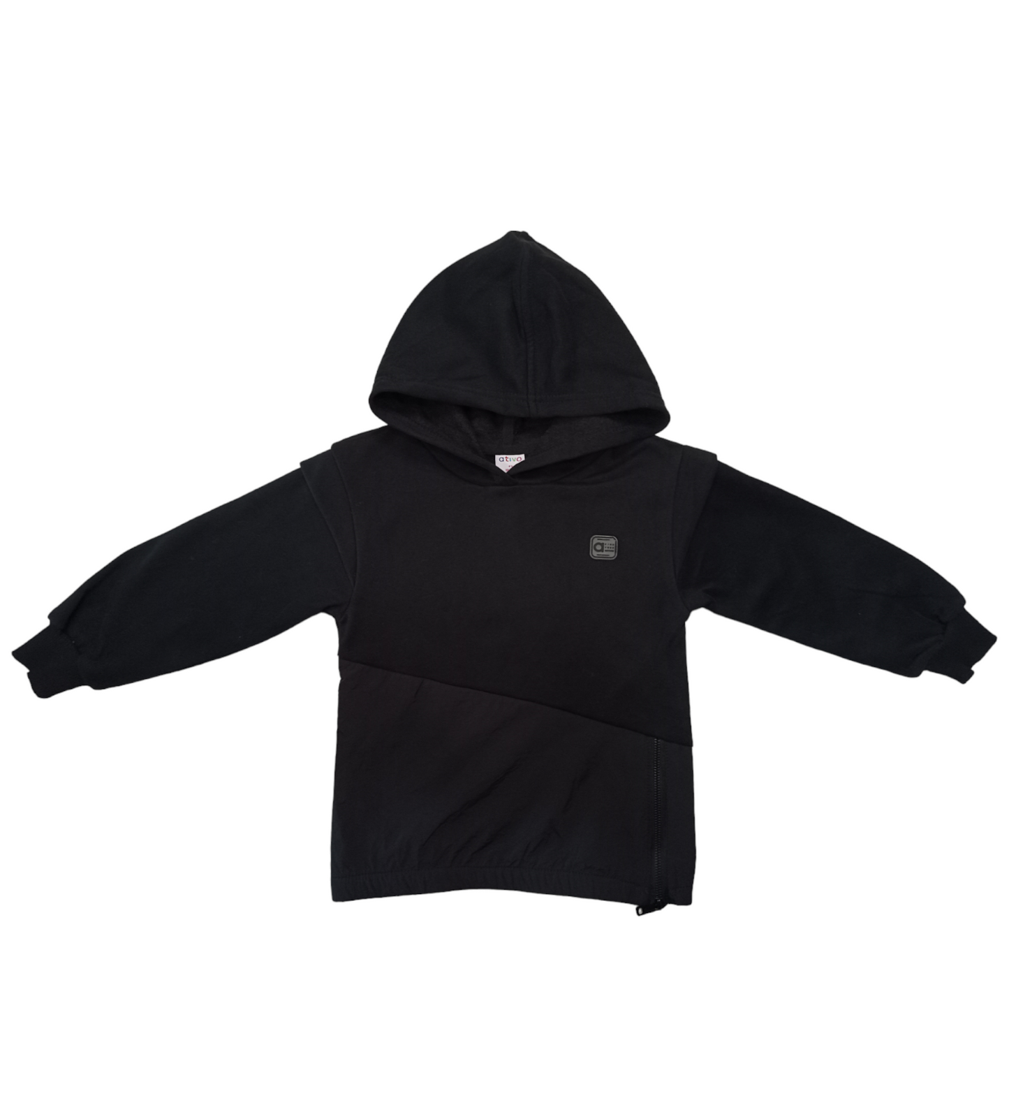 Maxi Felpa Nera con Cappuccio in Doppio Tessuto Caldo Cotone e Tessuto Tecnico Ativo Kids Bambina/Ragazza 4-14 Anni