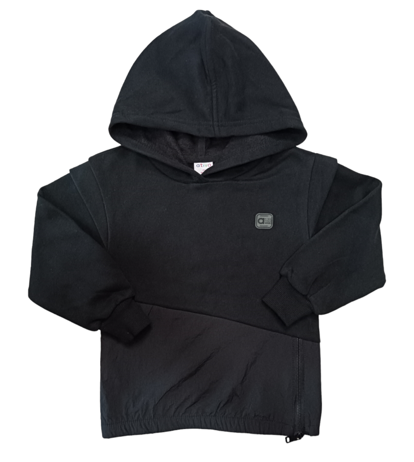 Maxi Felpa Nera con Cappuccio in Doppio Tessuto Caldo Cotone e Tessuto Tecnico Ativo Kids Bambina/Ragazza 4-14 Anni