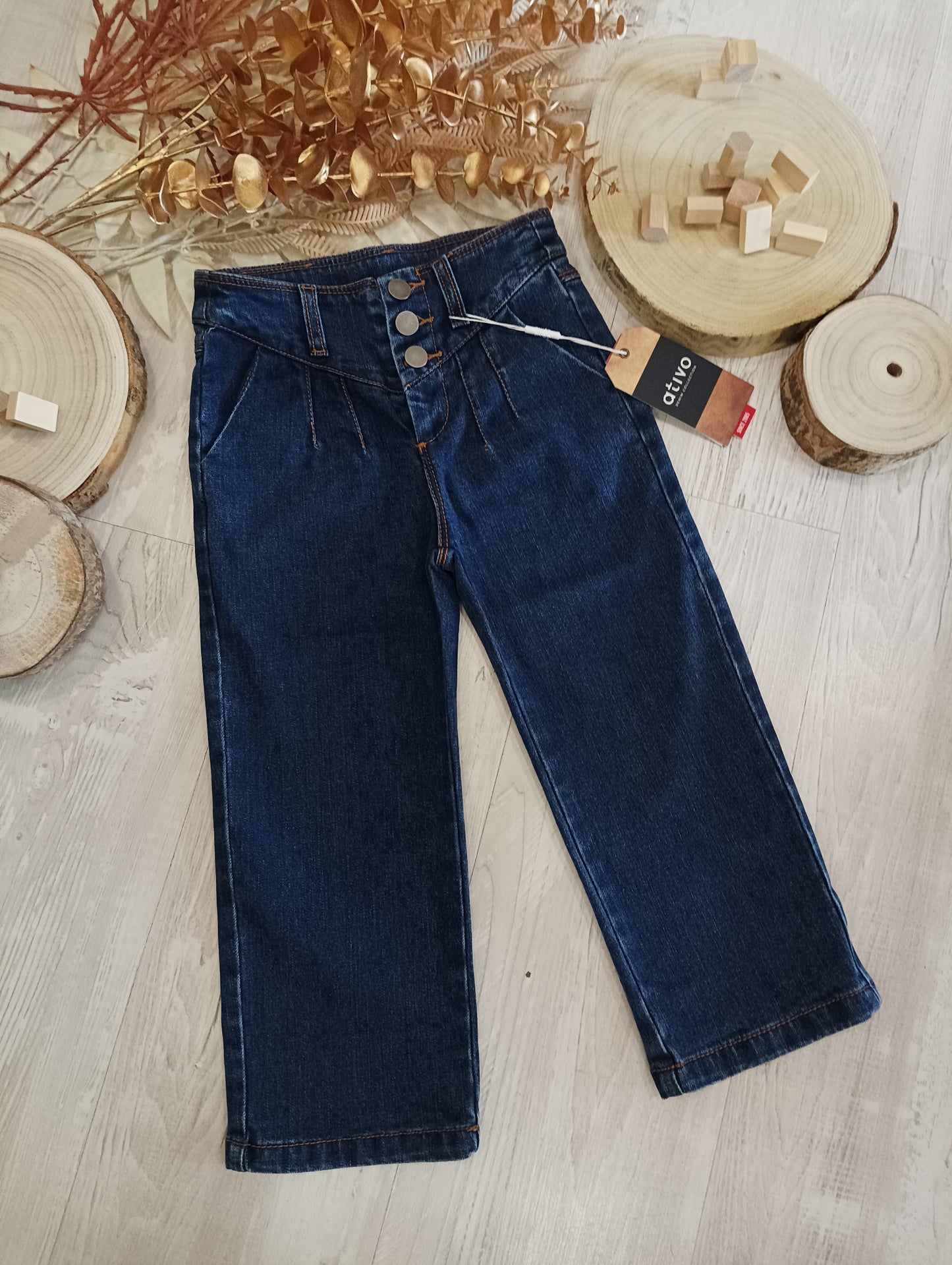 Jeans Elasticizzato Vita Alta con 3 Bottoni Wide Fit Ativo Kids Bambina/Ragazza 4-14 Anni