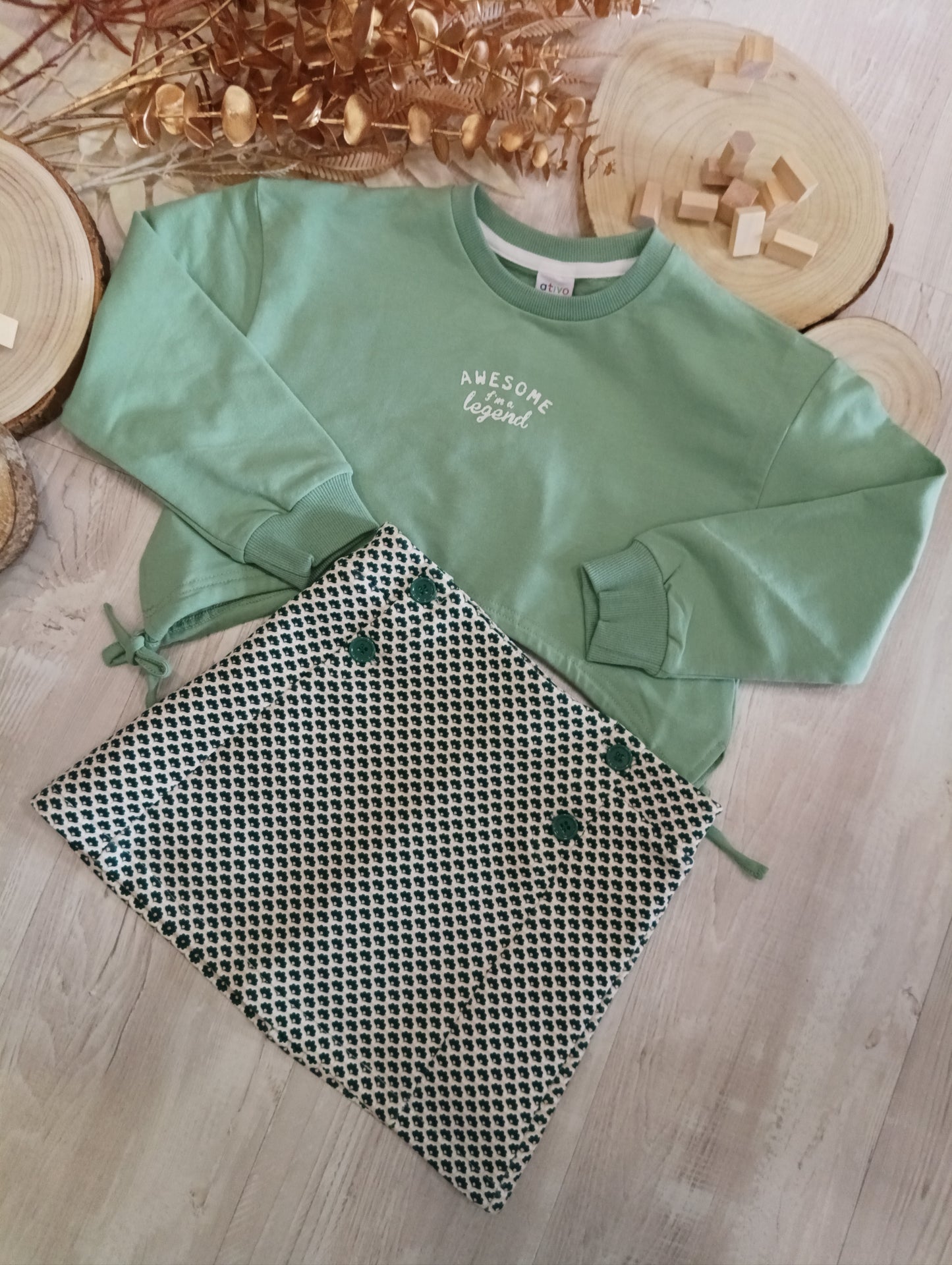 Gonna in Jersey Pesante a Fantasia Verde Bianca e Beige con Bottoni Davanti Ativo Kids Bambina/Ragazza 4-12Y