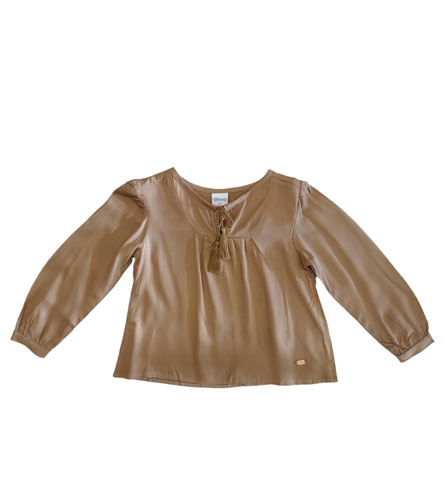 Camicetta in Viscosa Manica Lunga Color Seppia Cordino di Chiusura con Nappette Ativo Kids Bambina/Ragazza 4-12 Anni
