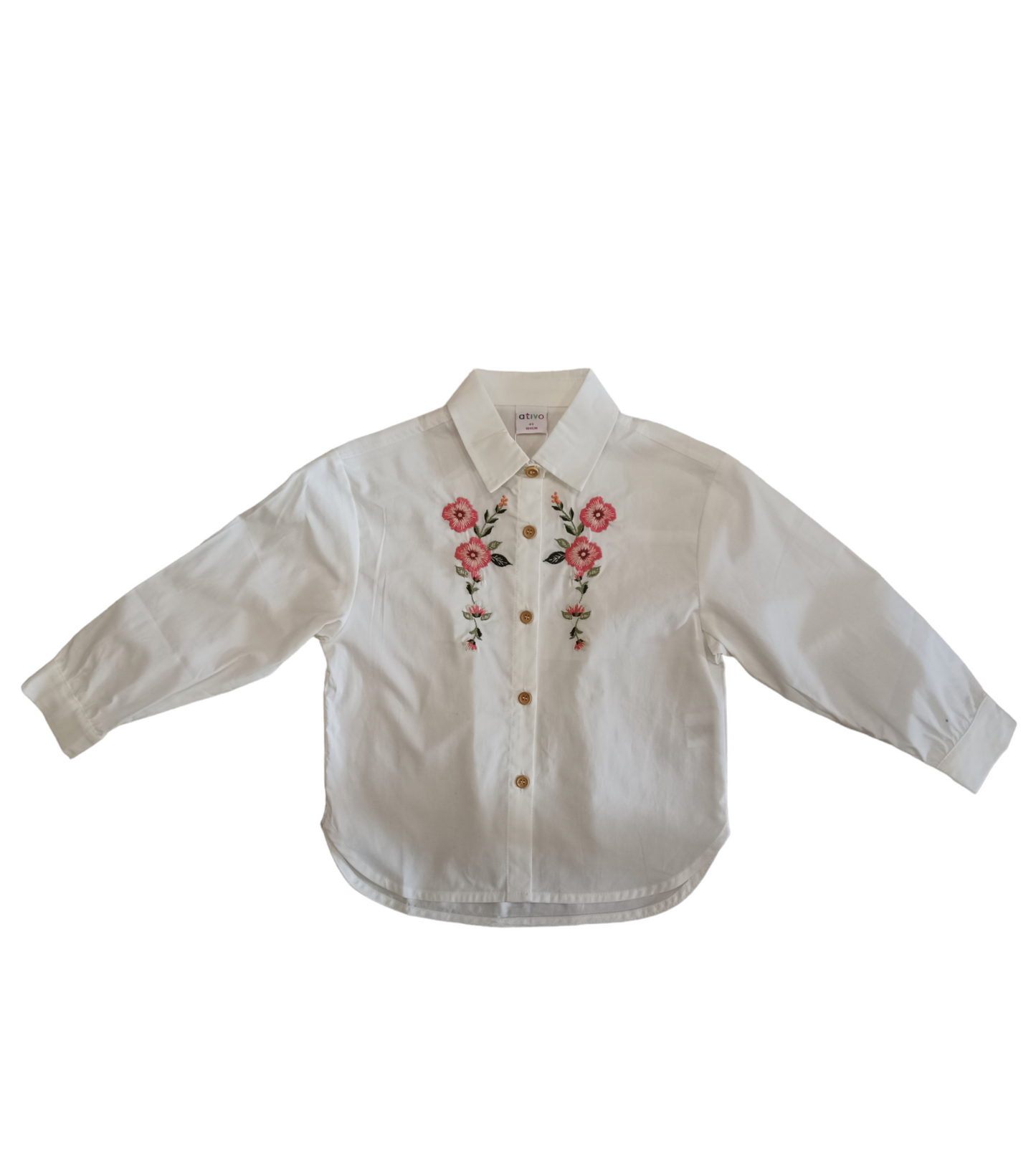 Camicia Bianca Stondata con Bottoni Beige Ricamo Floreale sul Davanti Ativo Kids Bambina/Ragazza 4-12 Anni