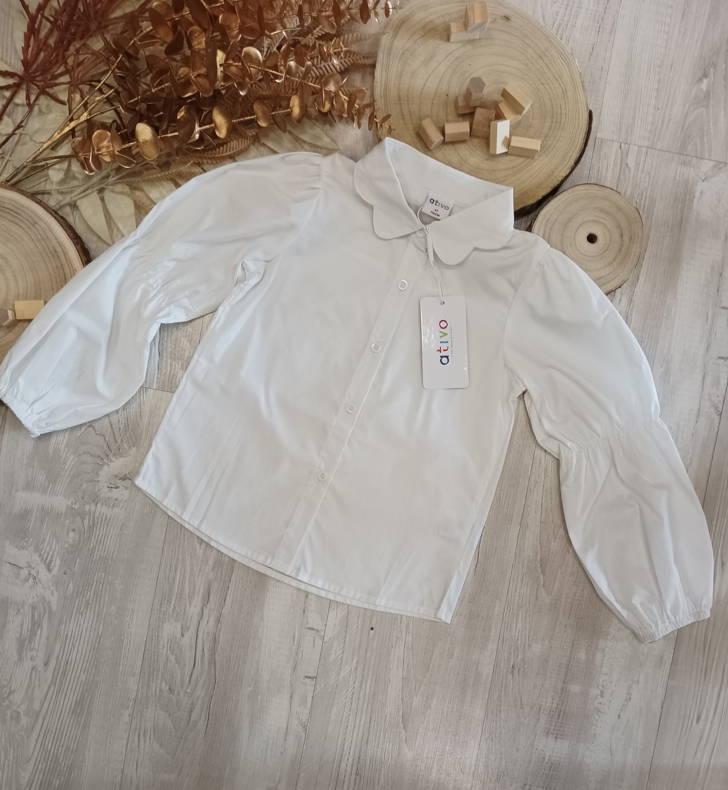 Camicetta Bianca in Cotone Elasticizzato con Bottoni Colletto Petaloso Manica Doppio Palloncino Ativo Kids Bambina/Ragazza 4-12 Anni