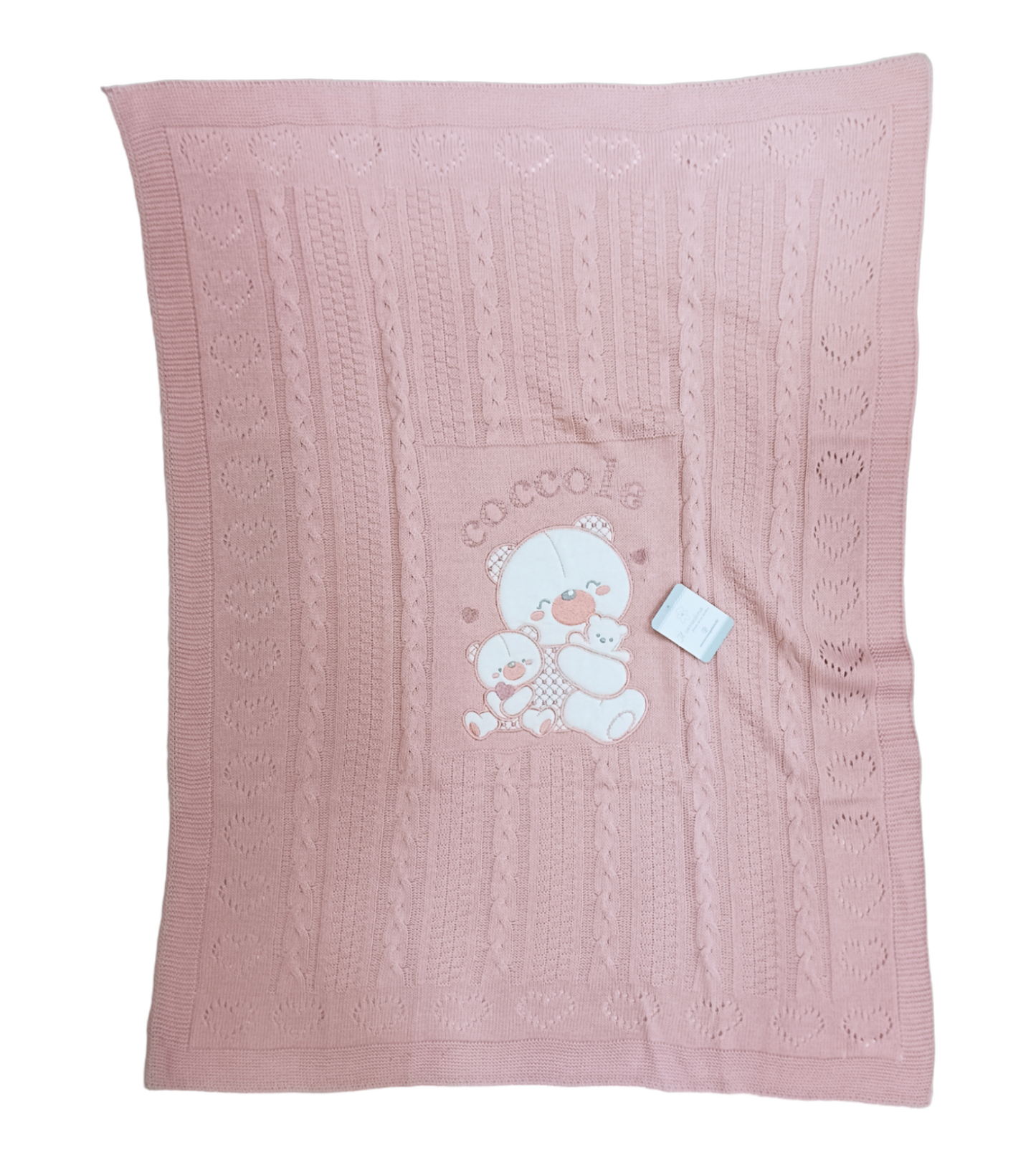 Copertina Culla Rosa Antico Ricamata Orsacchiotti Smacchianata in Misto Lana Effetto Trecce Nazareno Gabrielli Mis. 75x95