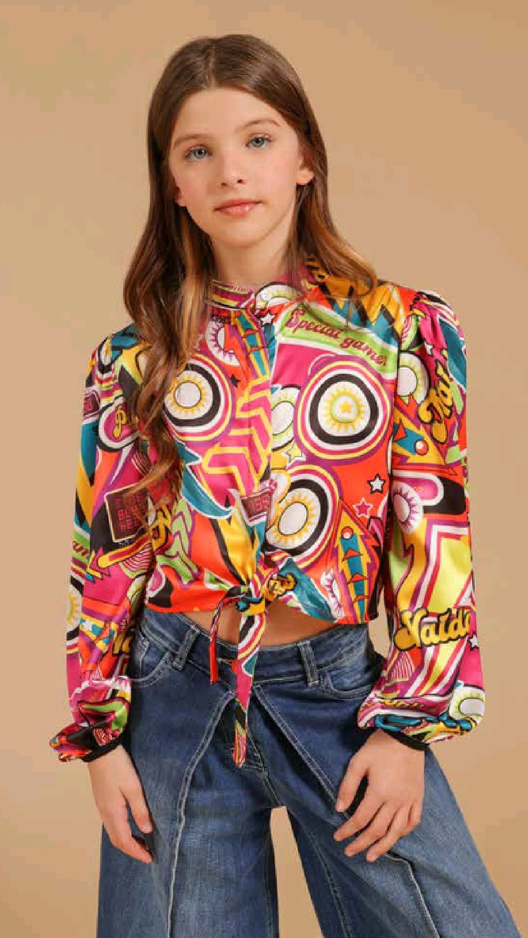 Camicia Cropped Stampata Fantasia Vintage Pinball Naida Ragazza Taglie 34-44