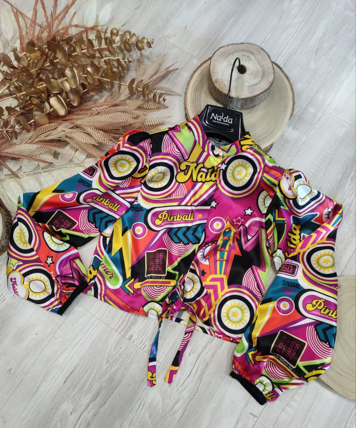 Camicia Cropped Stampata Fantasia Vintage Pinball Naida Ragazza Taglie 34-44