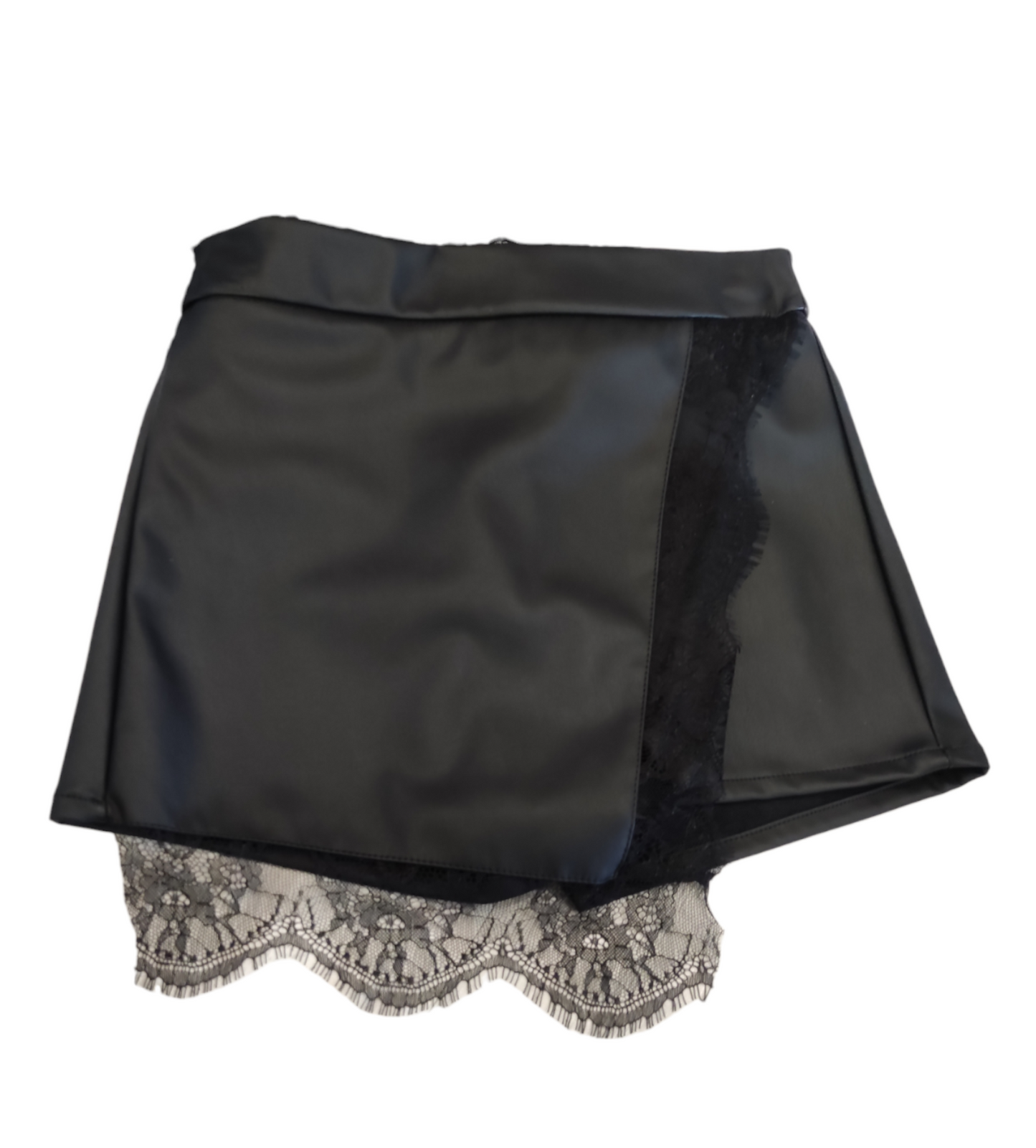 Pantagonna Corta Nera in Ecopelle con Zip ed Inserto in Pizzo Nero Naida Ragazza Taglie 34-44