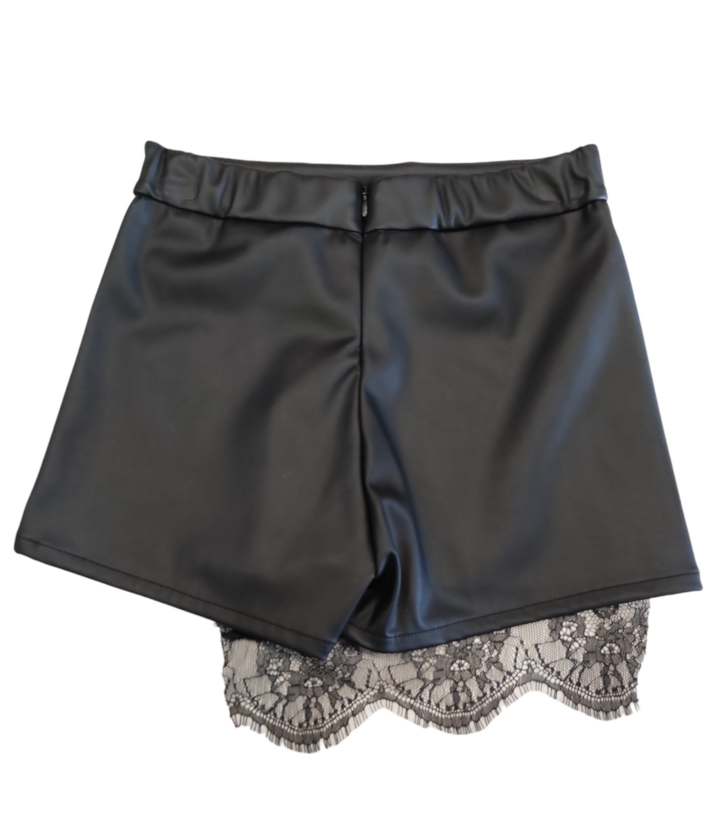 Pantagonna Corta Nera in Ecopelle con Zip ed Inserto in Pizzo Nero Naida Ragazza Taglie 34-44