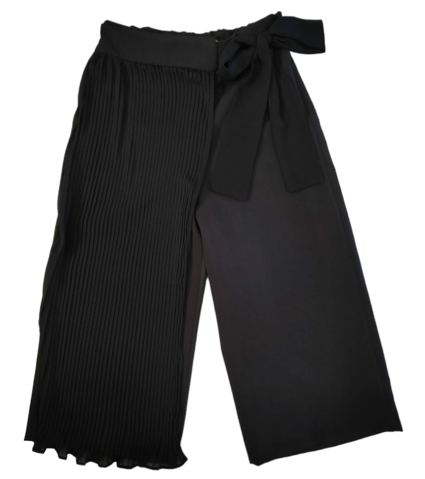 Pantalone Palazzo Nero Cropped Metà Plissettato Con Fiocco in Vita Ragazza Taglie 34-44