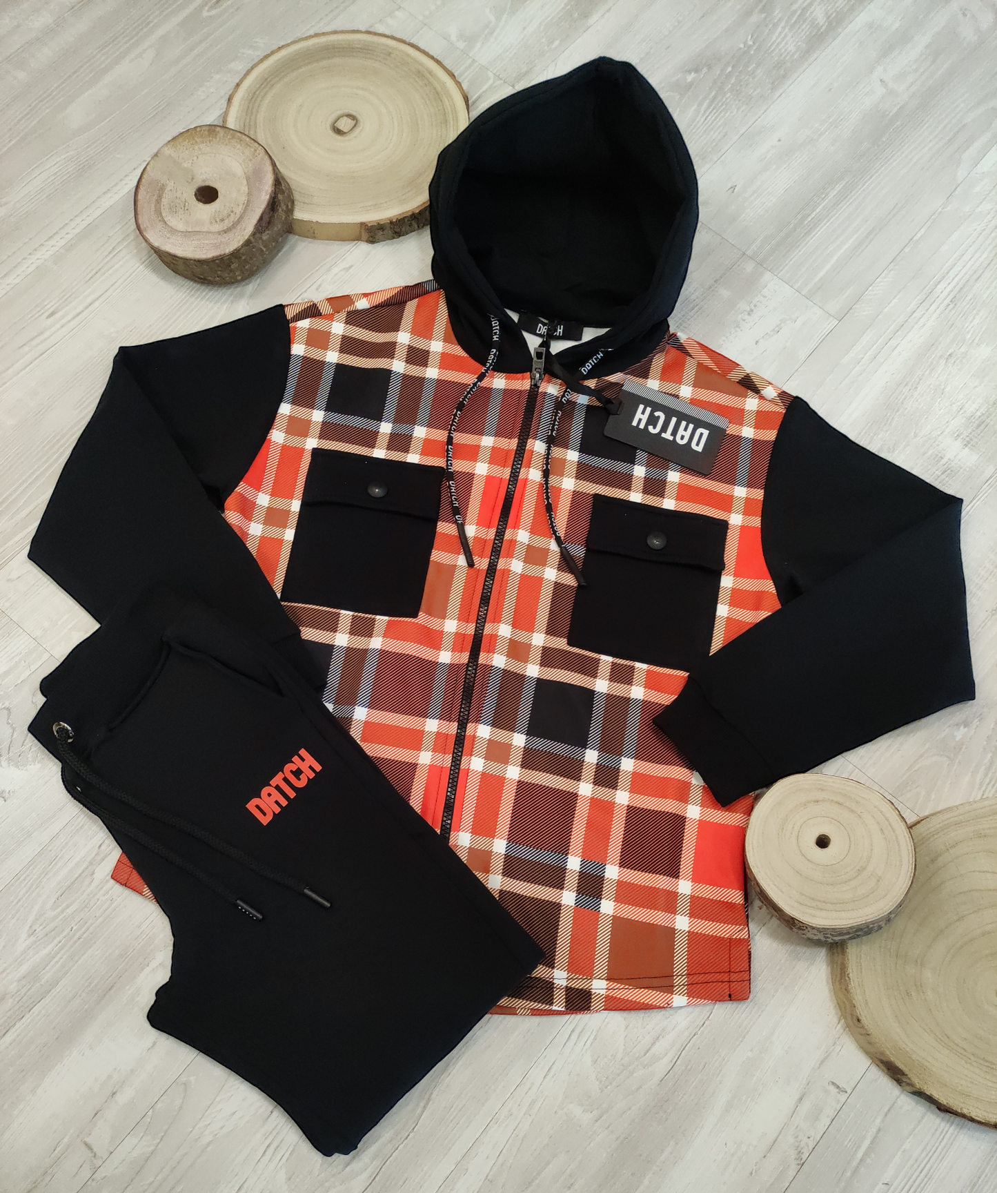 Felpa Scuba Bicolore Nero e Fantasia Quadri con Zip e Cappuccio DATCH Ragazzo M - XXL 10-16 Anni