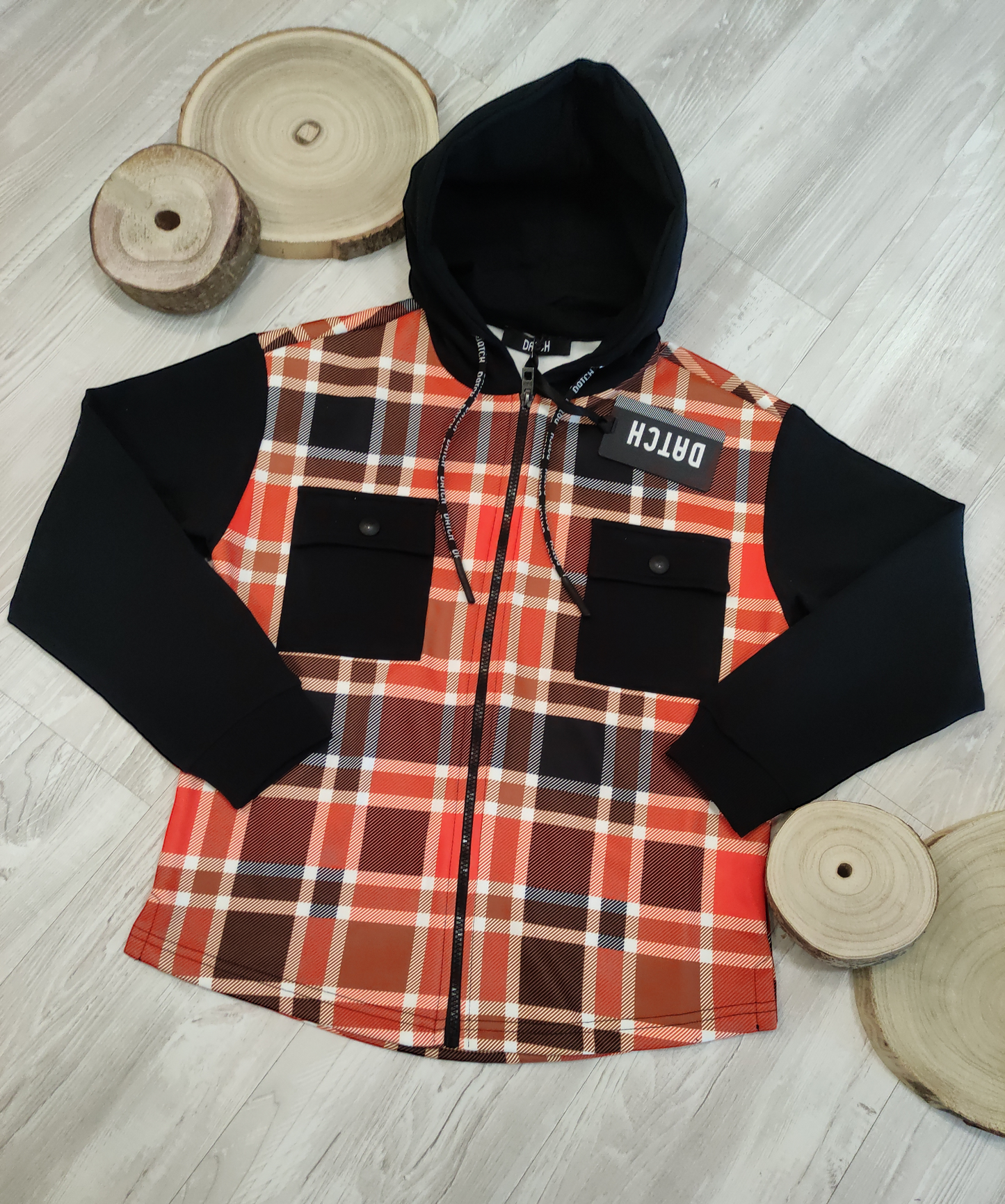 Felpa Scuba Bicolore Nero e Fantasia Quadri con Zip e Cappuccio DATCH Ragazzo M - XXL 10-16 Anni