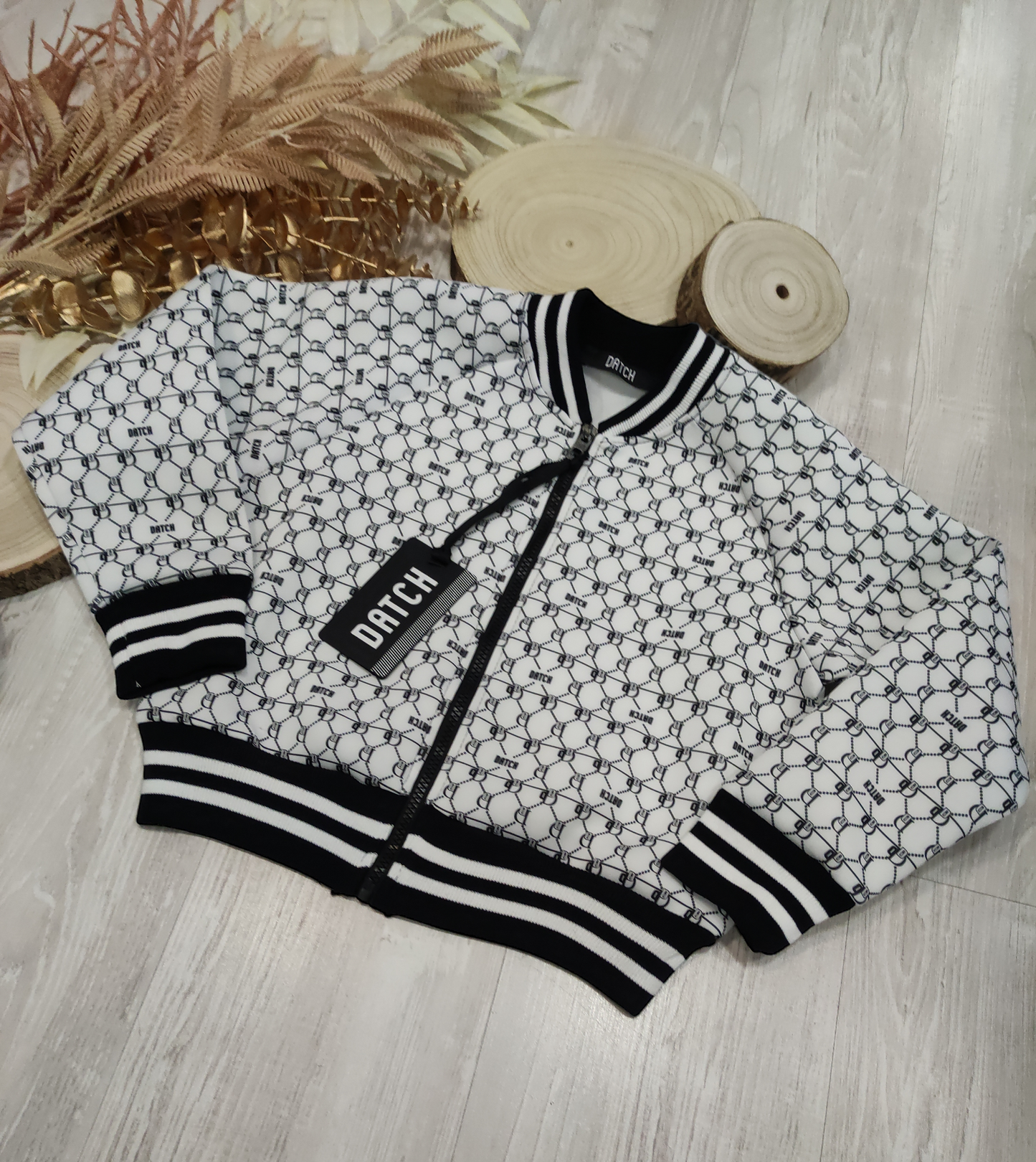 Giubbino Felpa Bianco e Nero Cropped in Jersey Scuba con Zip Stampato Fantasia DATCH Ragazza S - XL 8-14 Anni