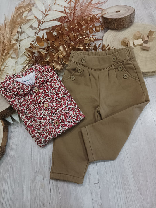 Pantalone Casual in Jersey di Caldo Cotone Color Seppia Elastico in Vita e Bottoni Ativo Kids Bambina 12-36 Mesi