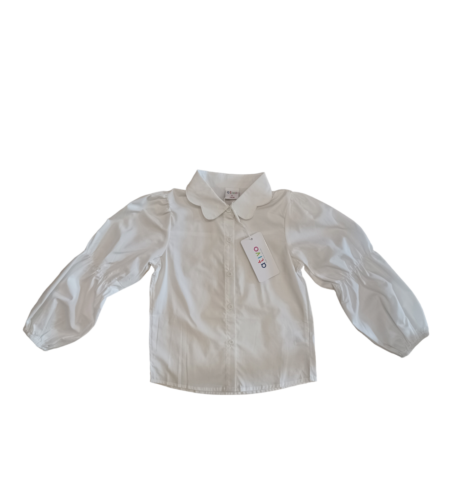 Camicetta Bianca in Cotone Elasticizzato con Bottoni Colletto Petaloso Manica Doppio Palloncino Ativo Kids Bambina/Ragazza 4-12 Anni