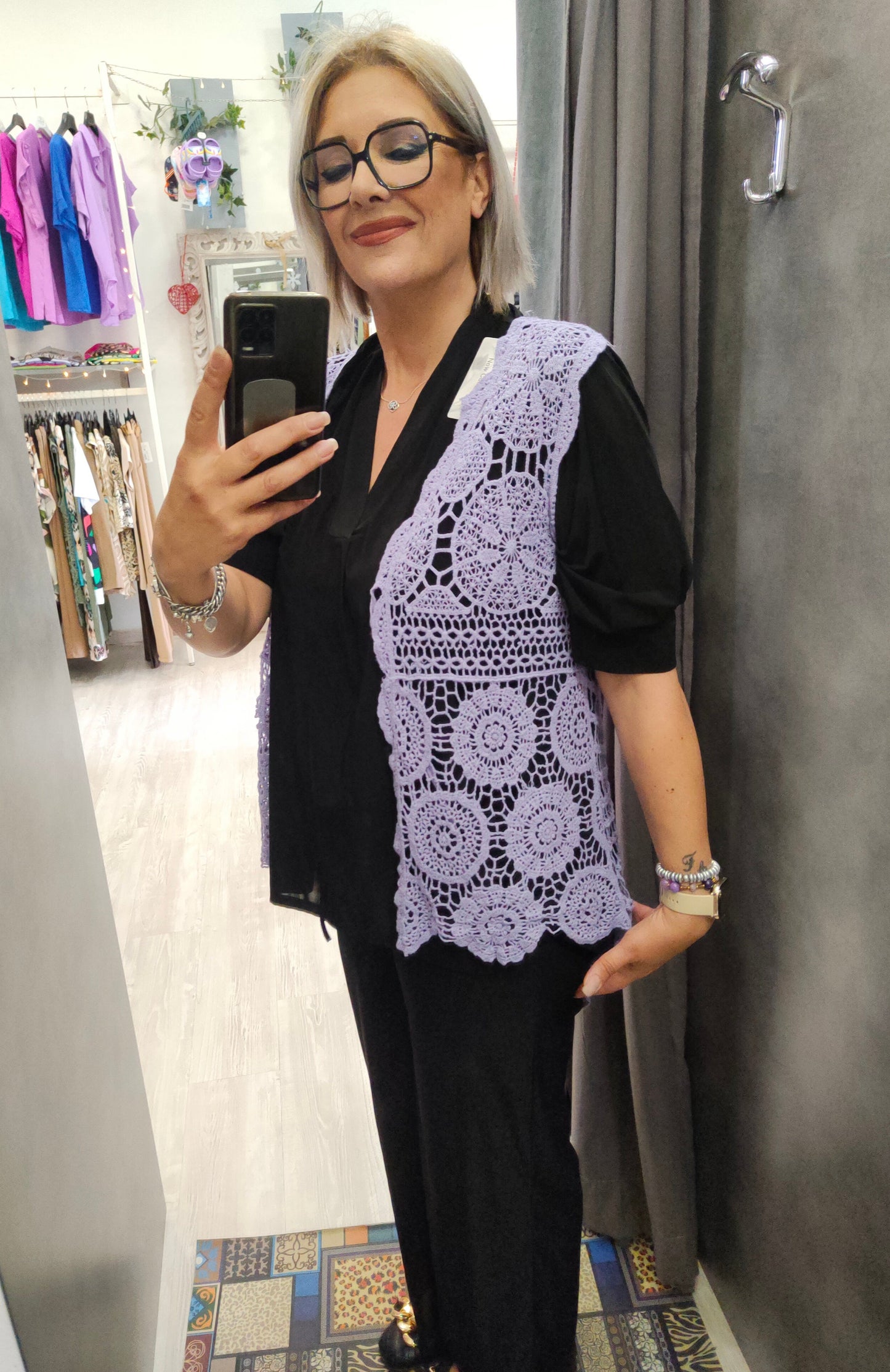 Gilet Asimmetrico in Cotone Motivo Uncinetto