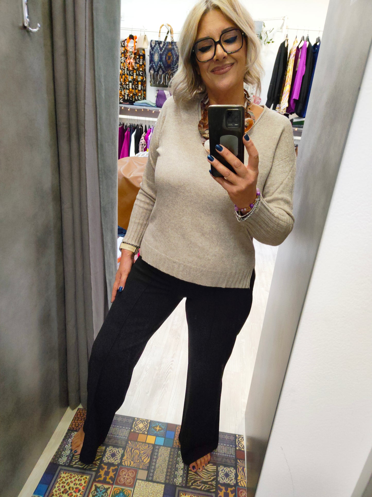 Pantalone Nero Donna Palazzo con Cucitura sulla Piega Cintura Alta