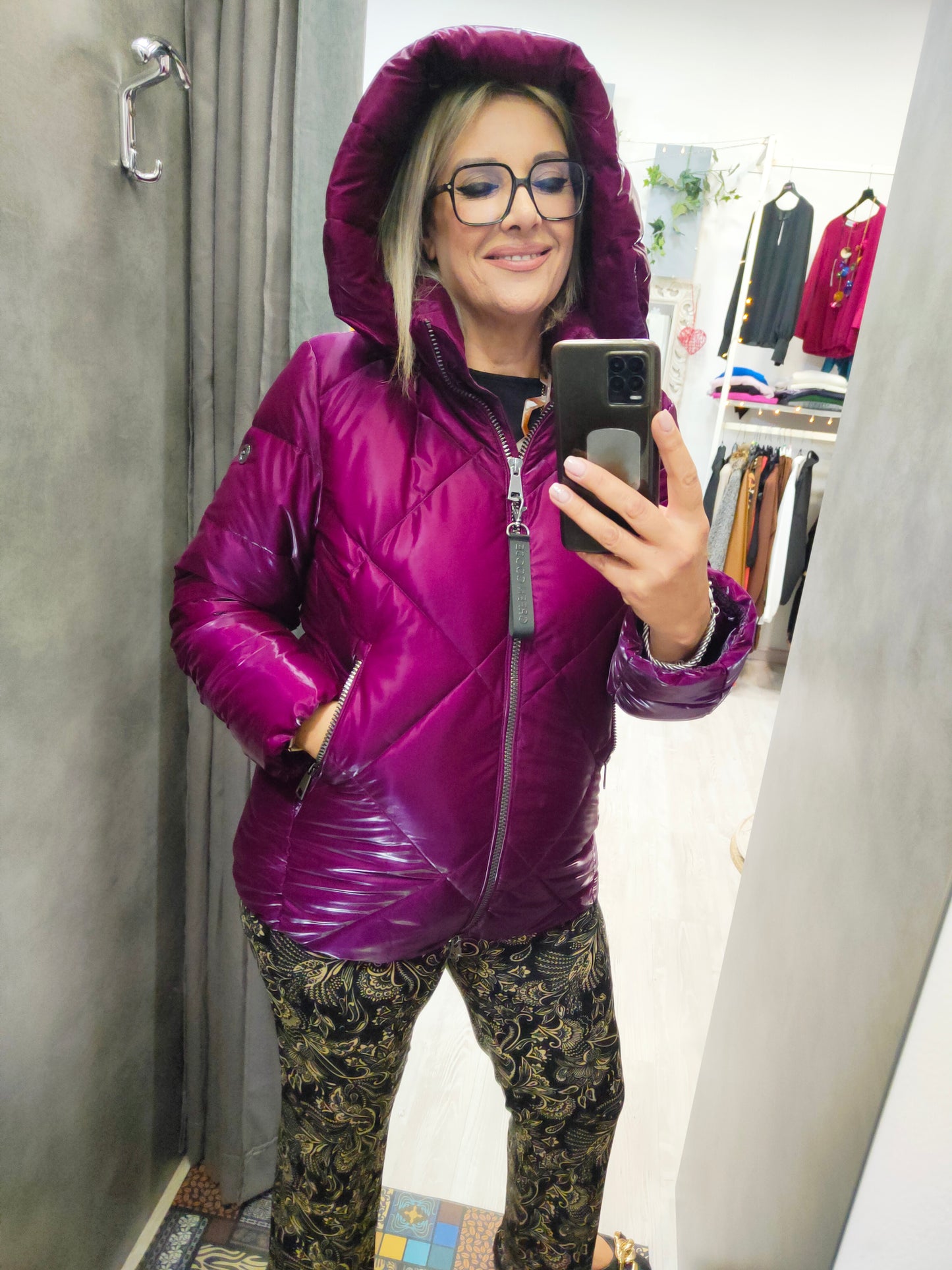 Piumino Donna con Cappuccio Removibile color Ciclamino Trapuntato a Rombi Green Goose