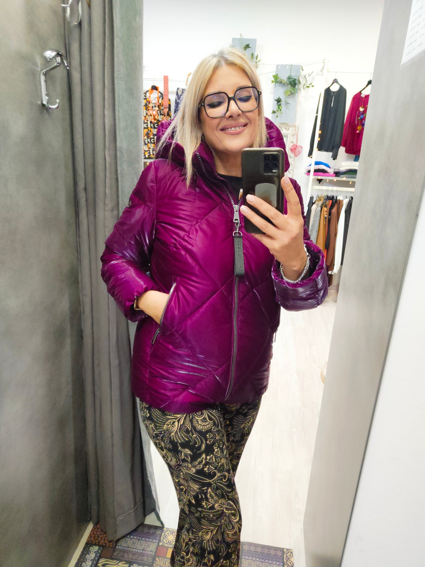 Piumino Donna con Cappuccio Removibile color Ciclamino Trapuntato a Rombi Green Goose