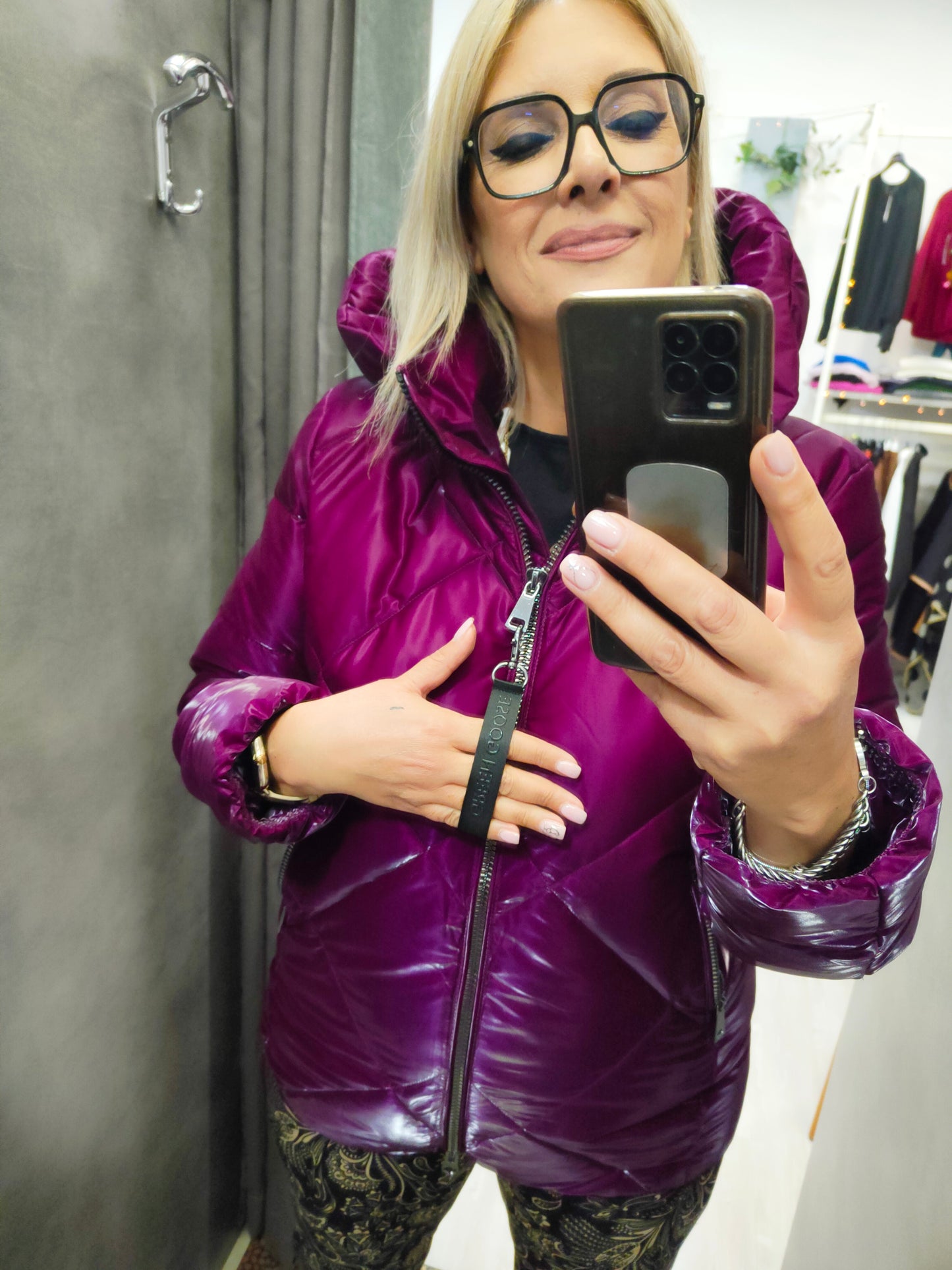 Piumino Donna con Cappuccio Removibile color Ciclamino Trapuntato a Rombi Green Goose