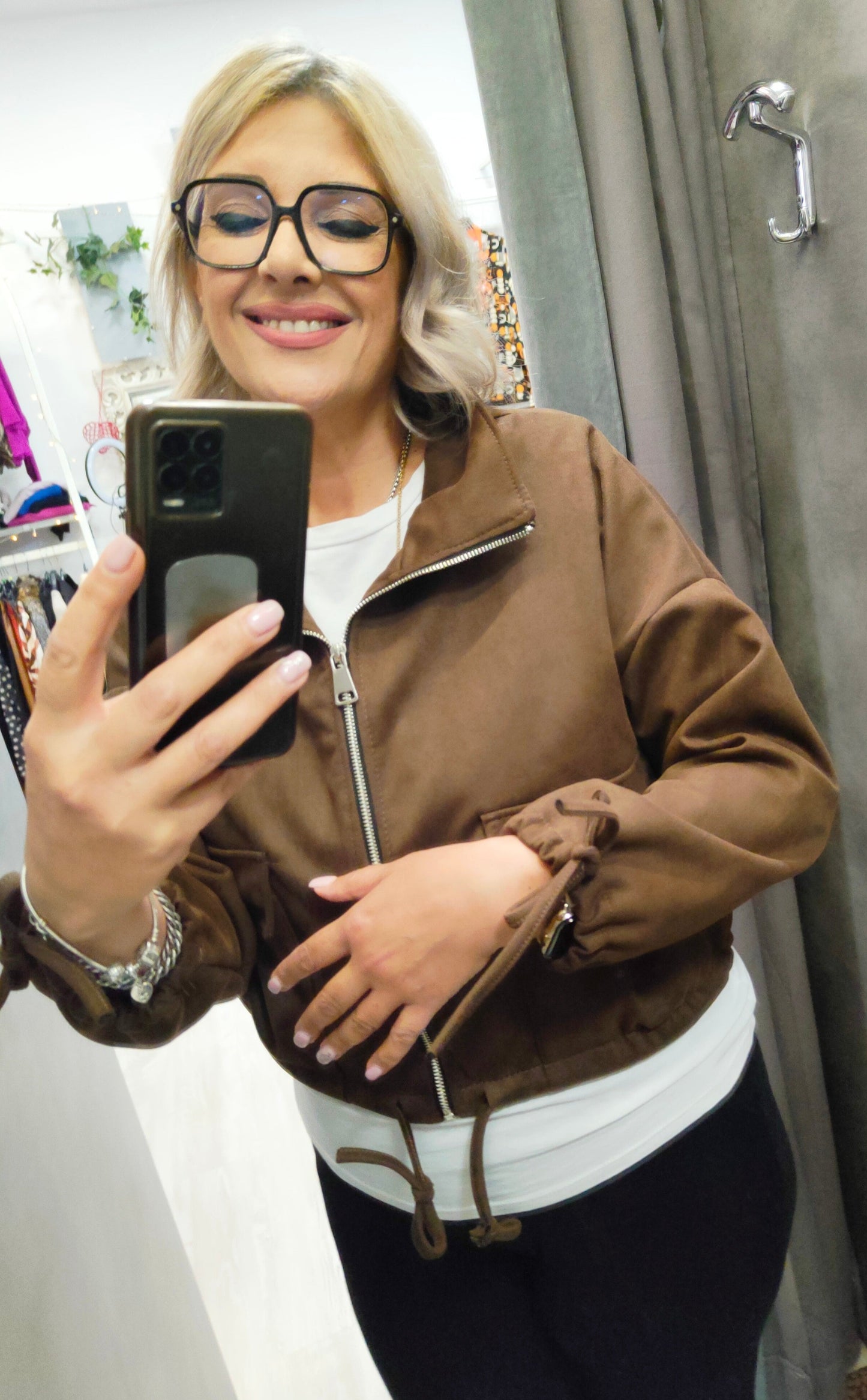 Giacchino Donna Giubbino Scamosciato Alla Vita con Lampo e due Grandi Tasche a Toppa