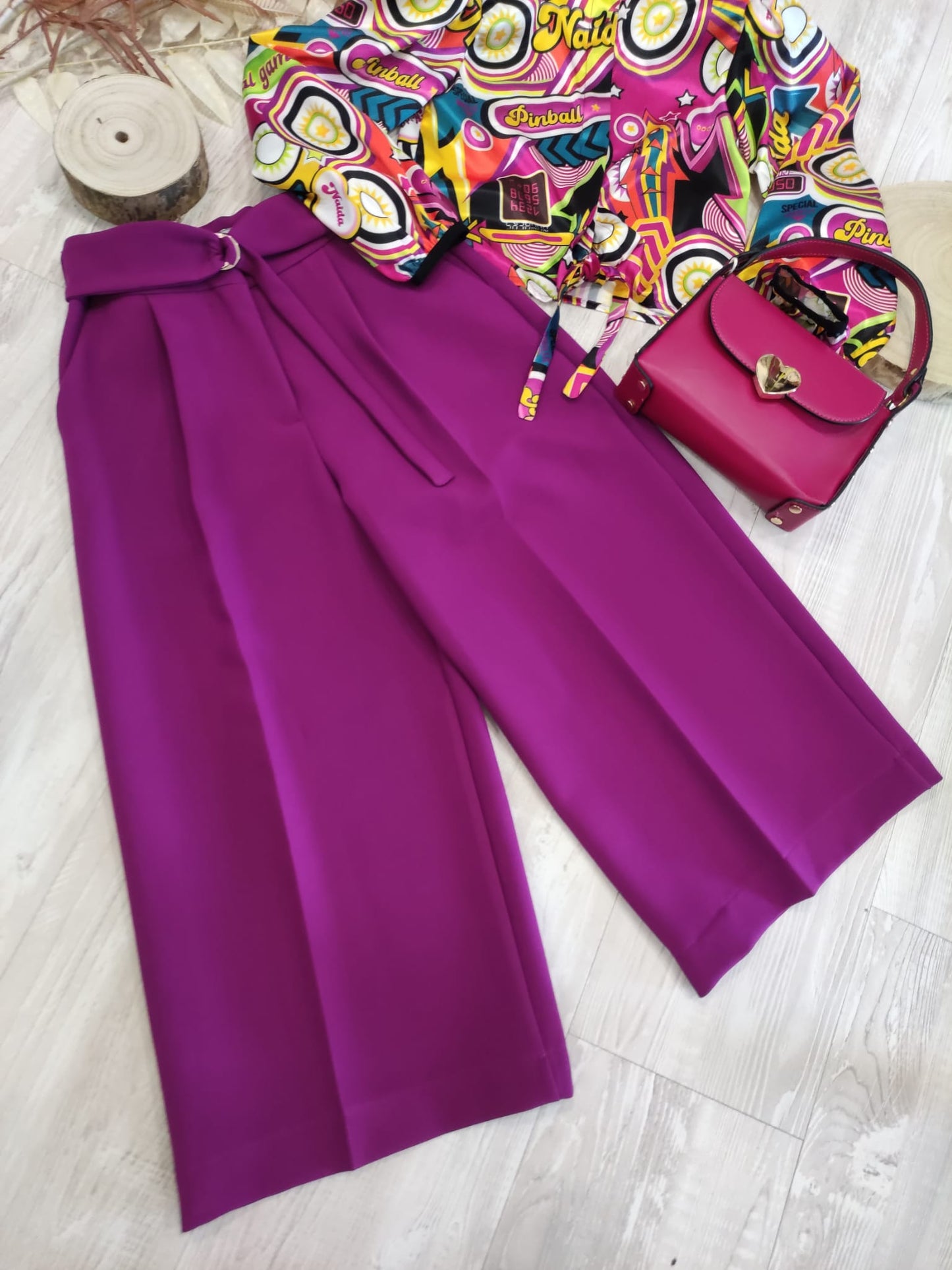 Pantalone Palazzo Cropped a Vita Alta Color Ciclamino Con Cinta Naida Ragazza Taglie 34-44