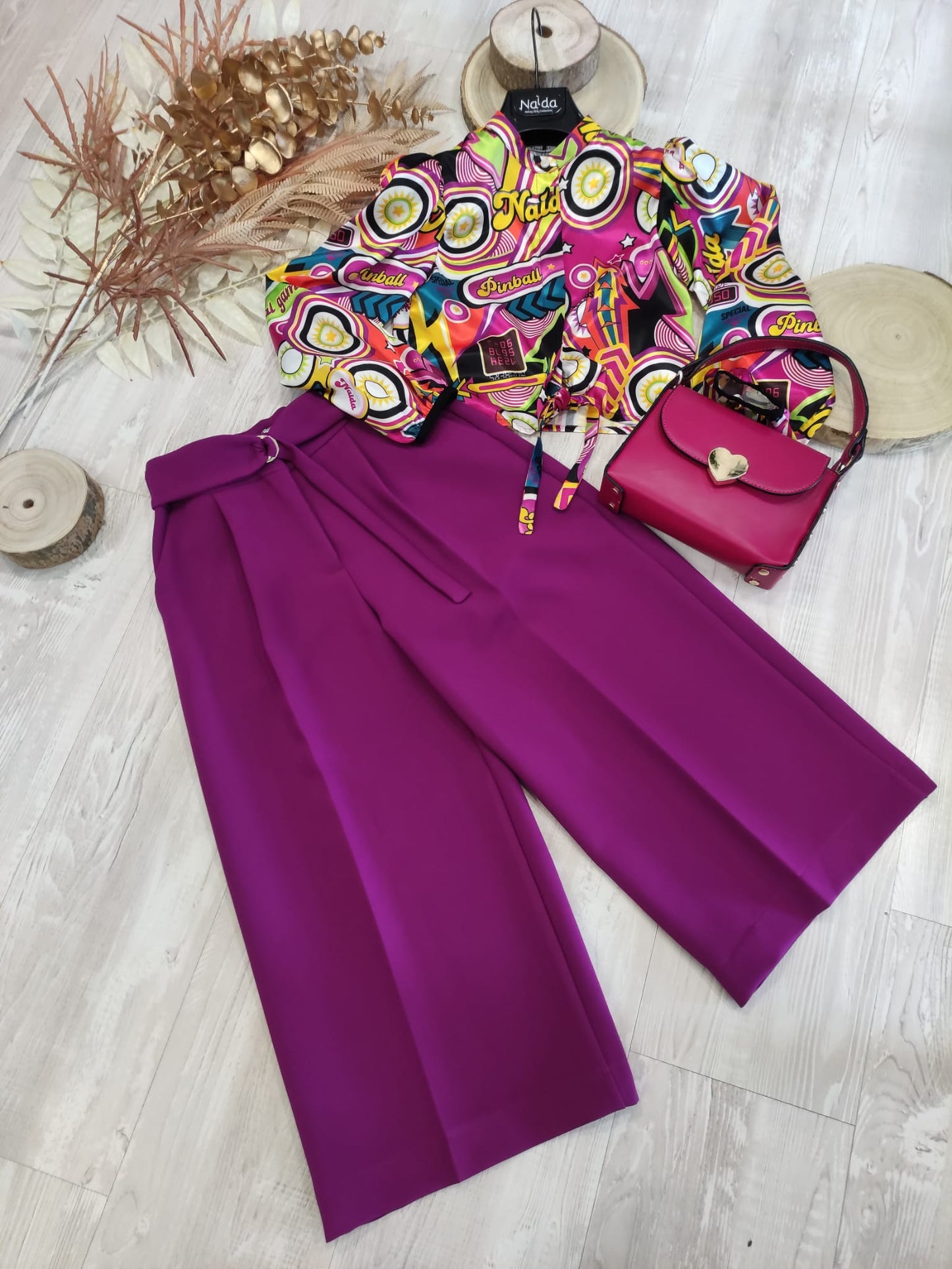 Pantalone Palazzo Cropped a Vita Alta Color Ciclamino Con Cinta Naida Ragazza Taglie 34-44