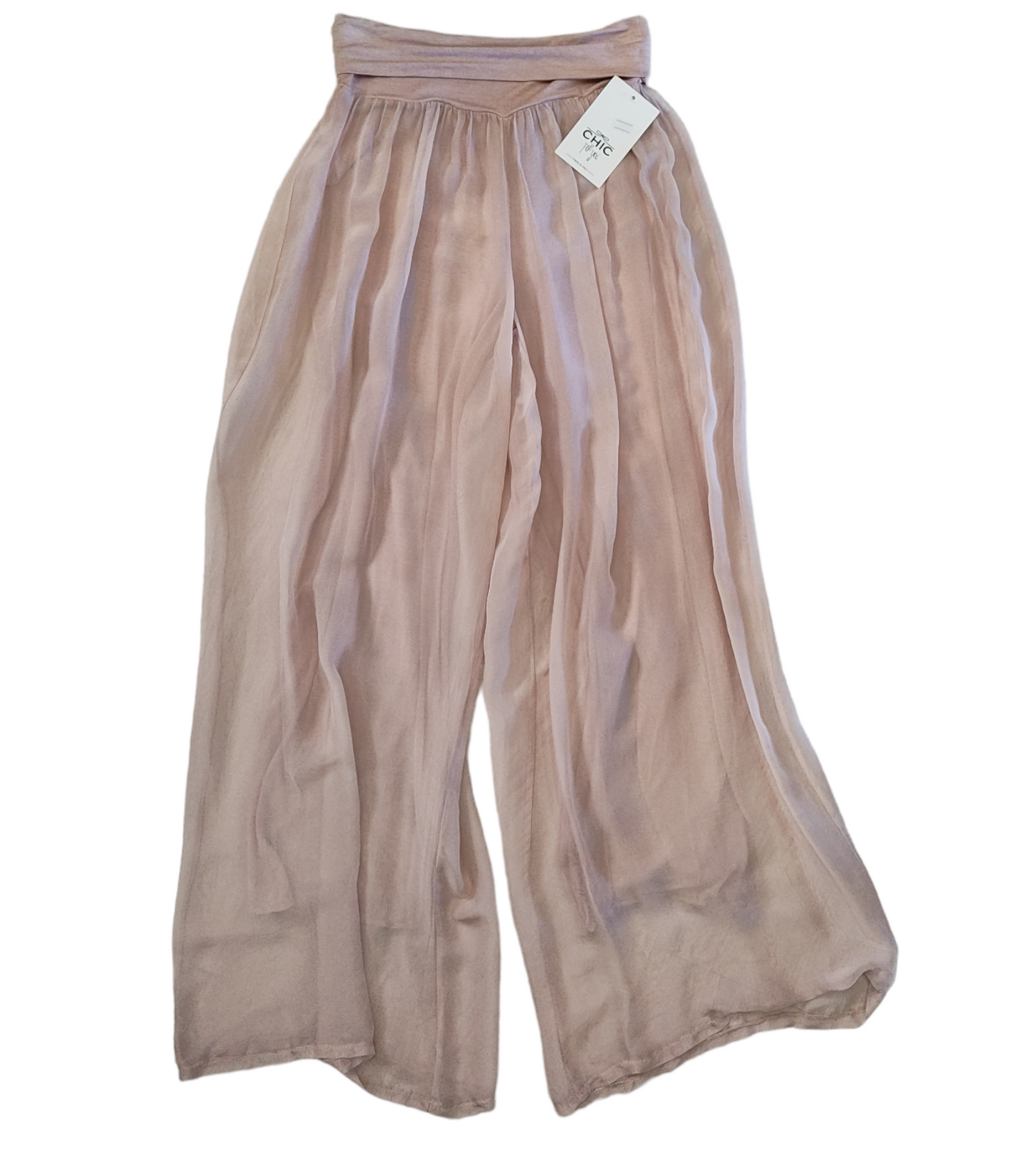 Completo Donna Color Cipria in Misto Seta con Pantalone a Palazzo e Blusa Modello Pipistrello